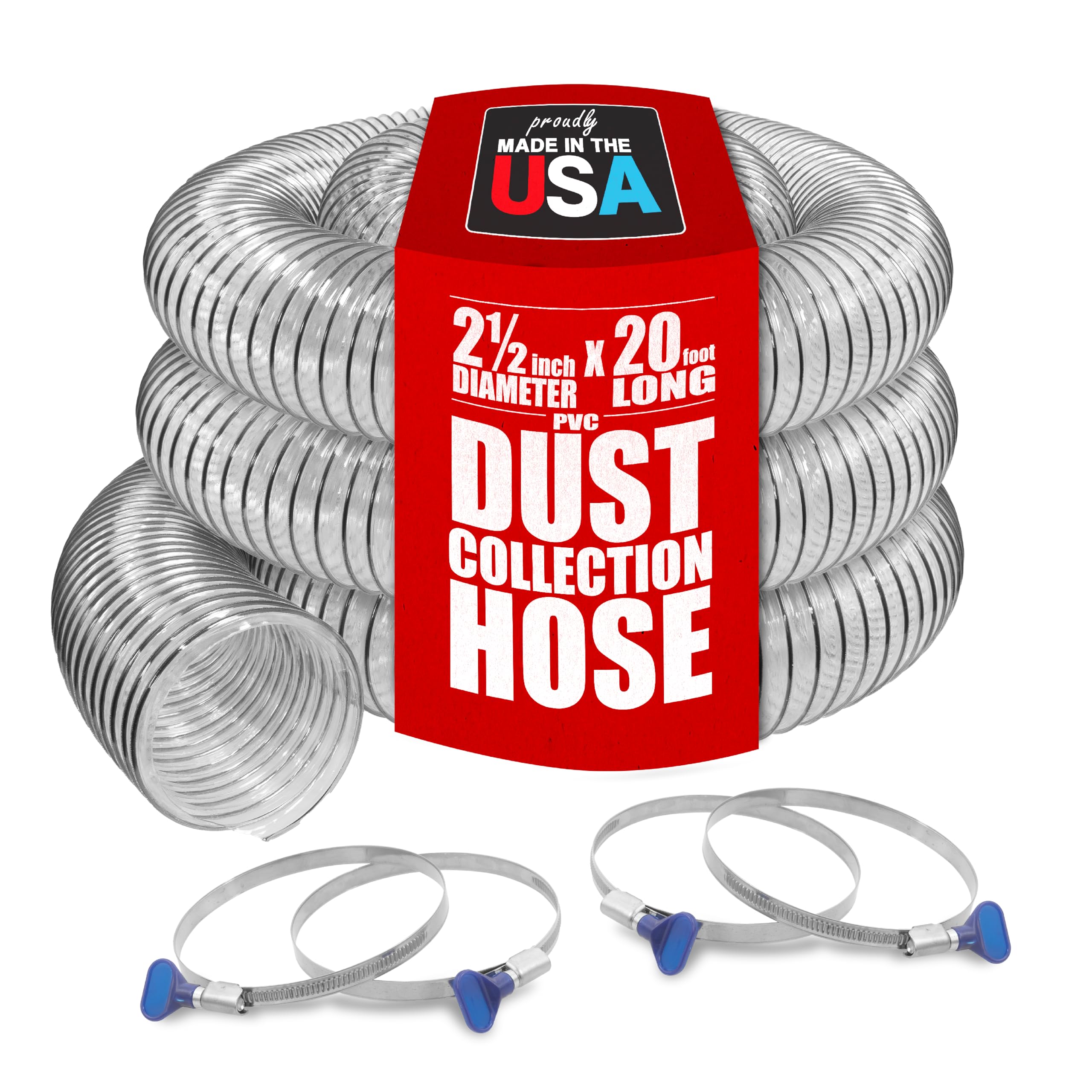 PVC Dust Collection Hose w/4 Thumbscrew Clamps, Puncture Resistant, Carbon Steel Wire, Clear Flexible PVC Dust Collector Hose, Proudly Made in USA (2 1/2" x 20')