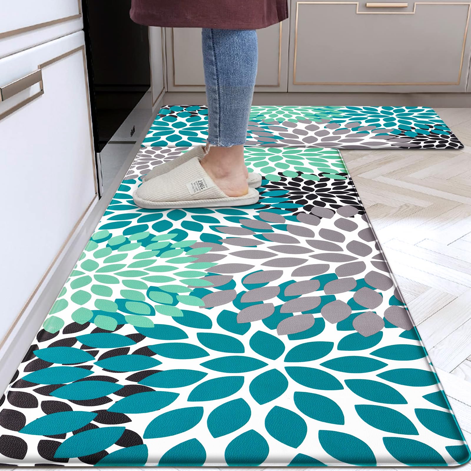 Likiyol Kitchen Mats for Floor [2 PCS] Anti-Fatigue Kitchen Rugs Non Slip Washable Boho Flower Waterproof Kitchen Decor Cushioned Comfort Standing