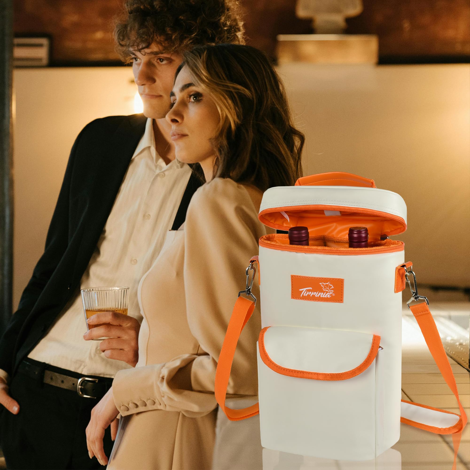 Tirrinia 2 Bottle Wine Gift Tote Carrier - Leakproof & Insulated Padded Versatile Wine Cooler Bag for Travel, BYOB Restaurant, Wine Tasting, Party, Dinner,Gift for Wine Lovers, Beige: White Orange 2 Bottle-with front pocket