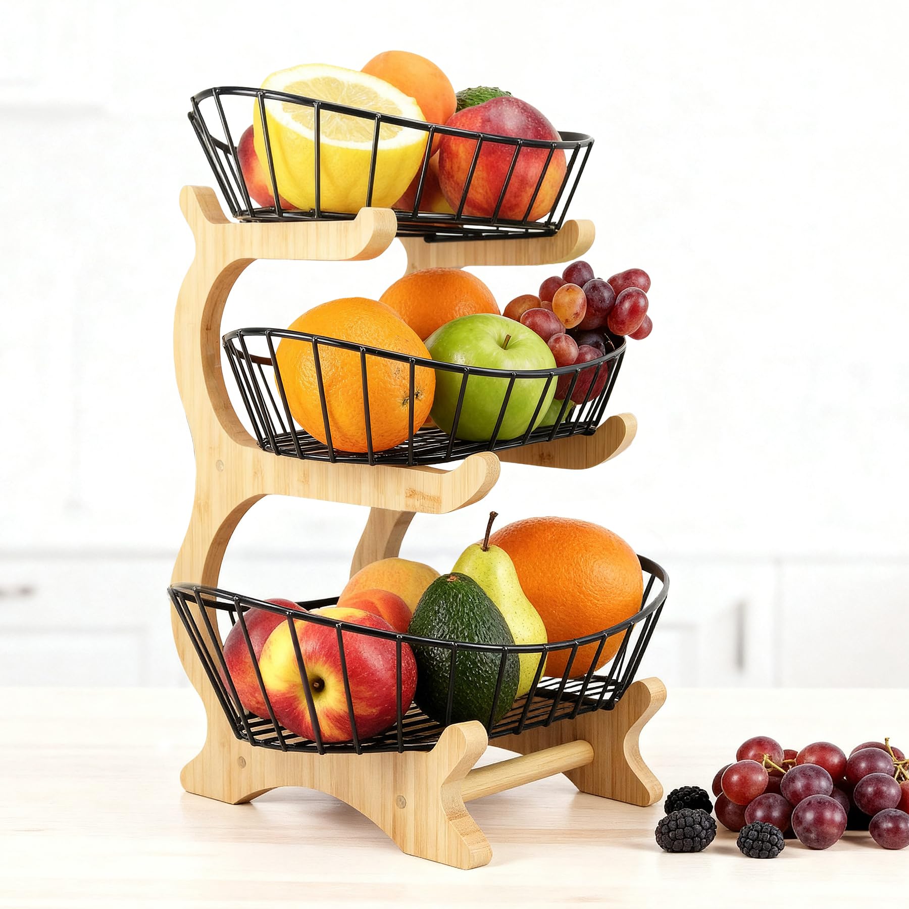 Obstkorb Etagere 3 Etagen aus Holz – Design Obstschale für die Küche, Schwarz