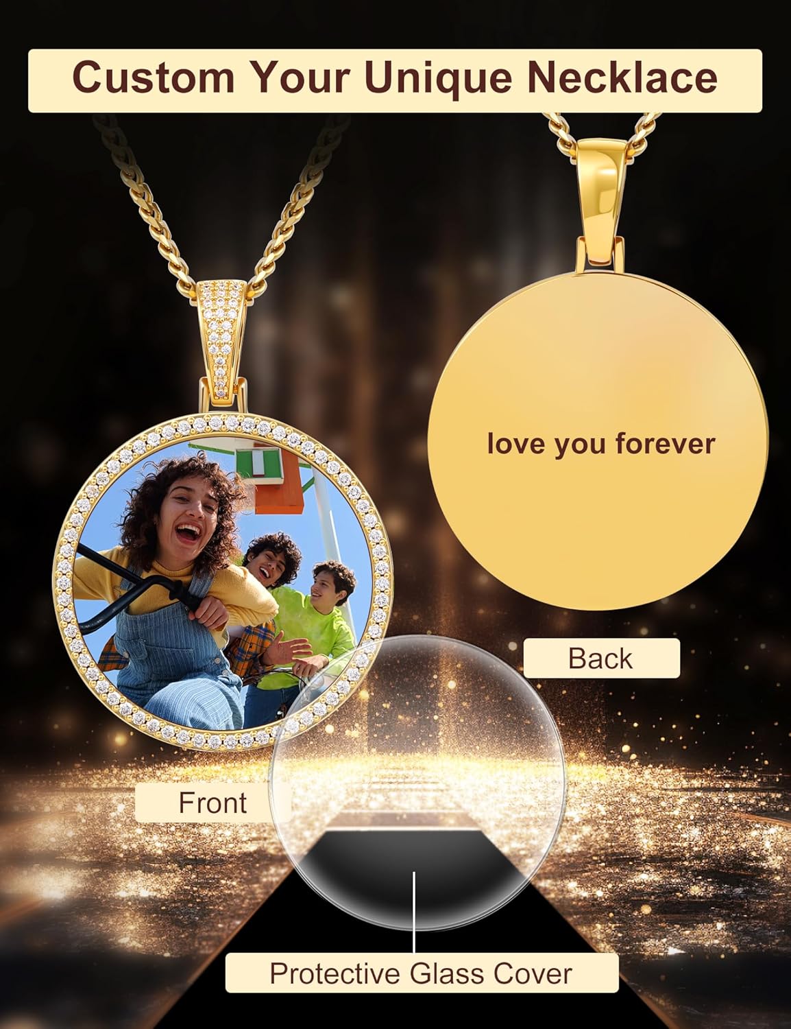 TUHE Custom Necklace For Men Women, Picture Necklace Personalized Photo Pendant With Engraving Text, 18K Gold Plated Custom Memorial Pendant Cubic Zirconia Rip Chain, Big Round Size-1.8 * 2.5in - Image 5