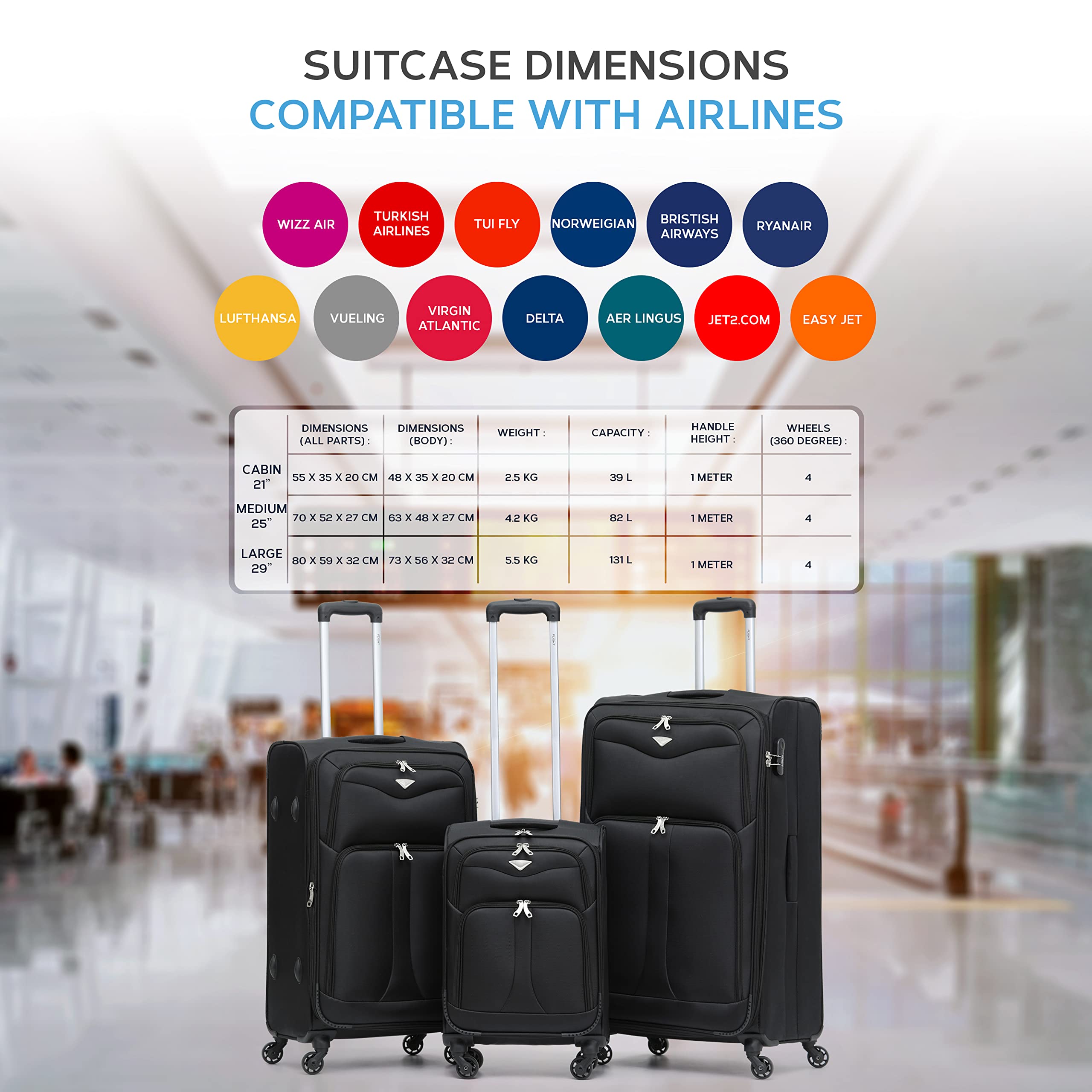 Flight Knight Lightweight 4 Wheel 800D Soft Case Suitcases Anti Crack Cabin & Hold Luggage Options Approved for Over 100 Airlines Including easyJet, BA & Many More!
