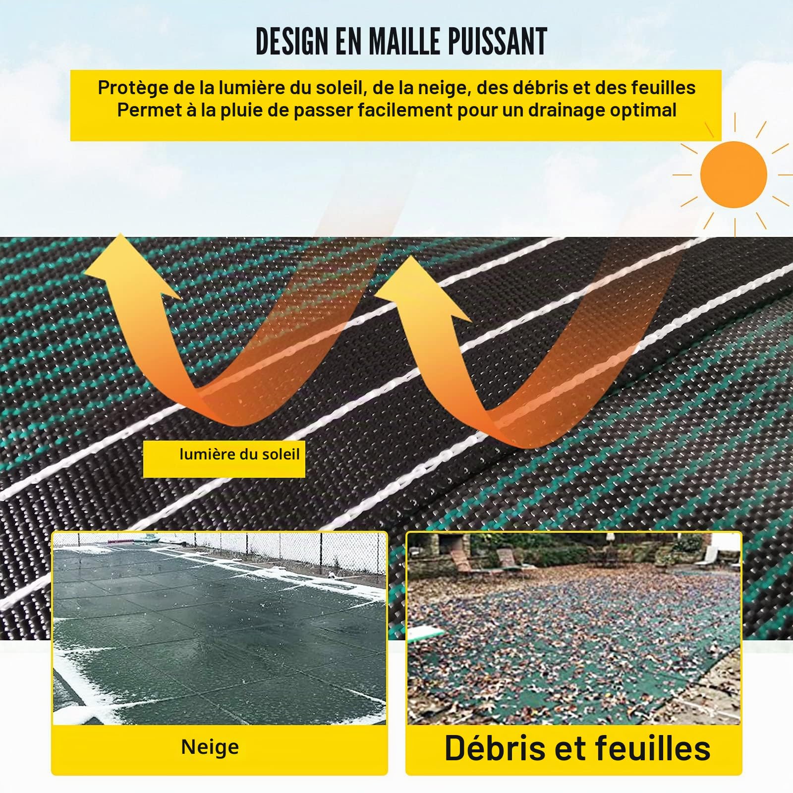 VEVOR Couverture de sécurité pour piscines creusées 6,1 x 12,2 m Maille Verte Couverture de sécurité Taille 6,7 x 12,8 m avec Outils d'installation pour Piscine d'hiver, résister au Soleil, au Vent