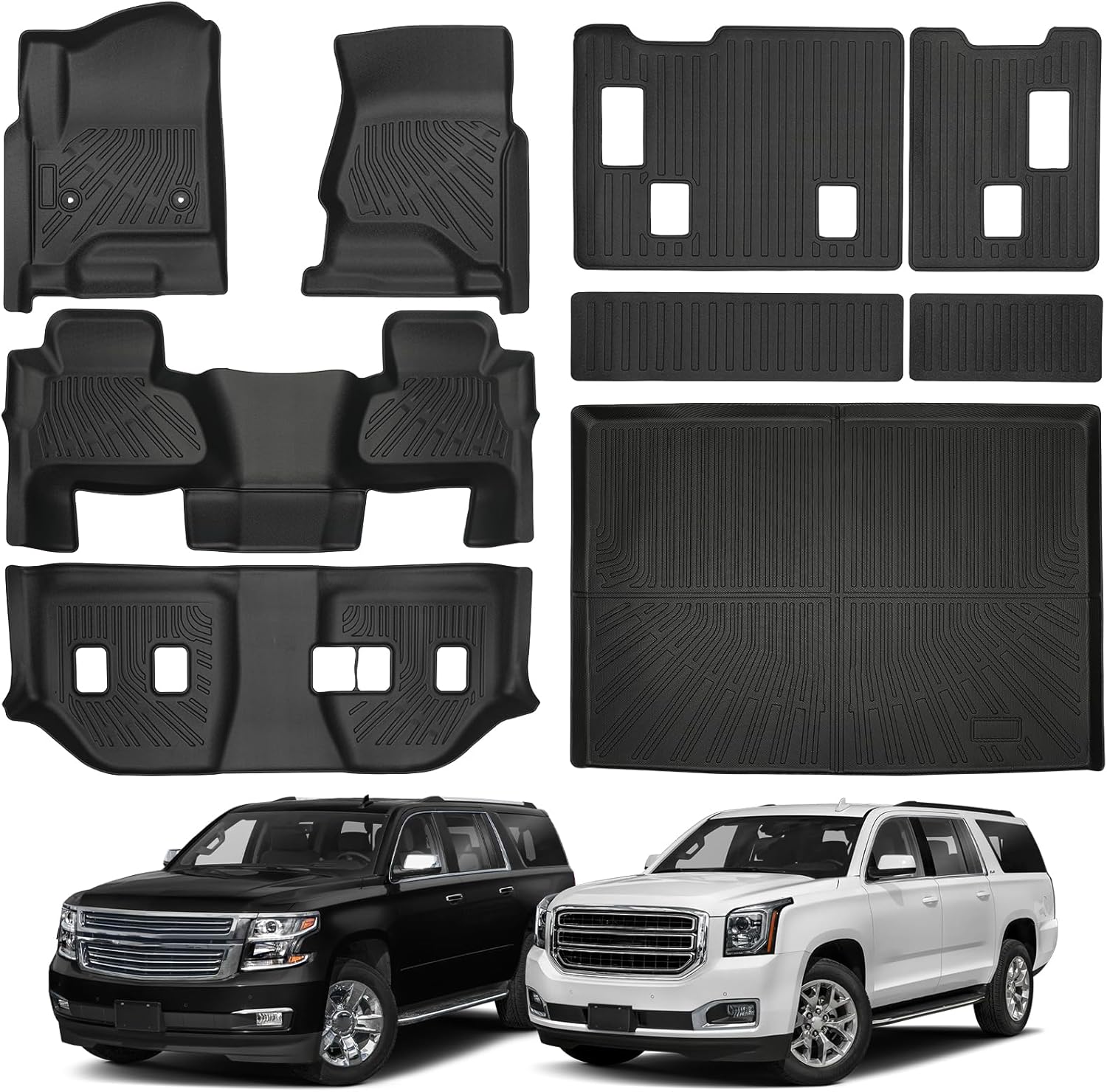 Floor Mats & Cargo Liner with Backrest Set Fit for 2015-2020 Chevy Chevrolet Suburban/GMC Yukon XL, All Weather Protection TPE Carpet Rubber Custom Fit Car Accessories Full Set, Black