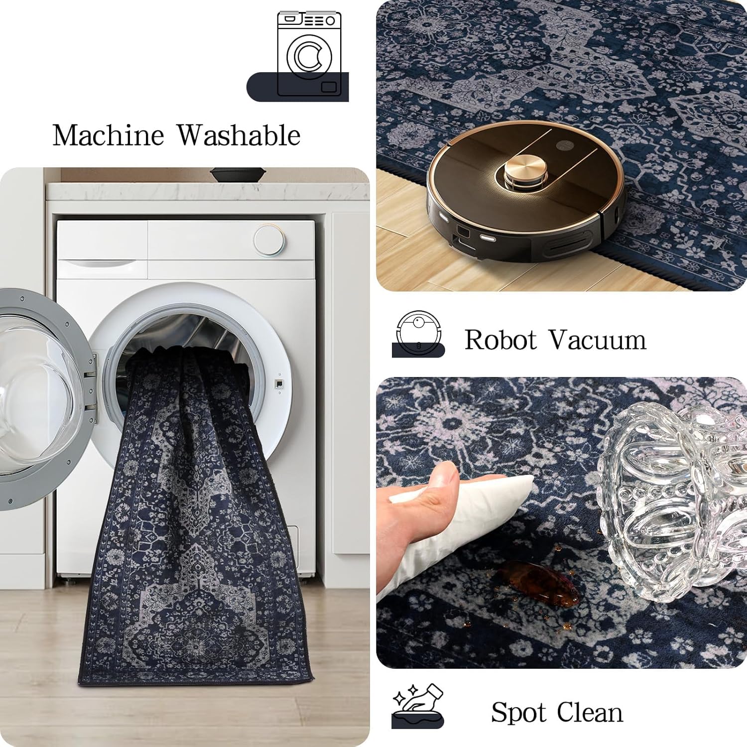 Boho Navy Blue Kitchen Rug Sets of 3, Non Slip Washable Kitchen Floor Mats, Soft Vintage Thin Farmhouse Decor Rugs for Sink Front, Entryway, Hallway, Bathroom and Laundry Room