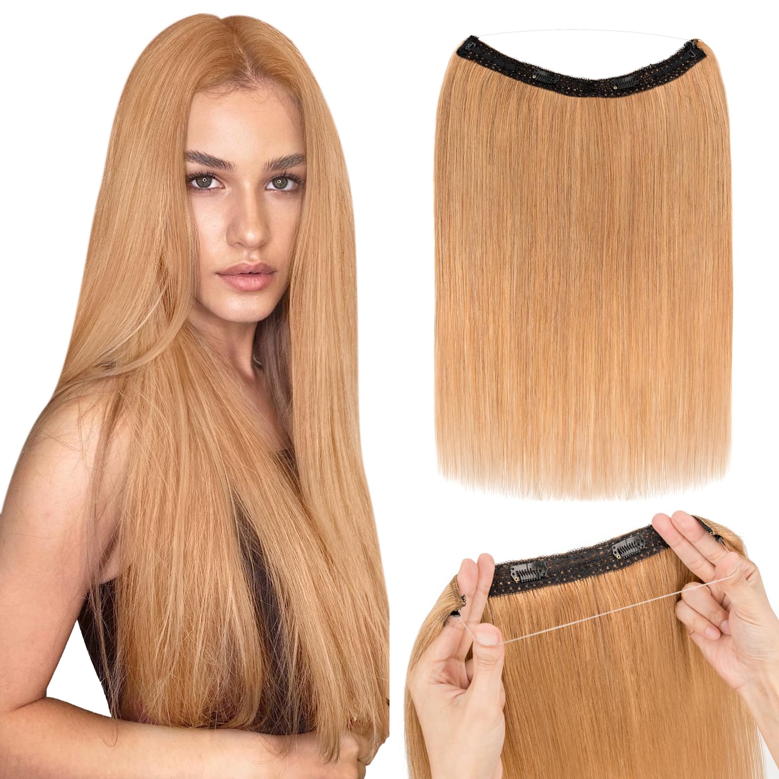 Silk-co Secret Wire In Hair Extensions With Clip Invisible Remy Human Hair One Piece Straight Natural Invisible Adjustable Secret Wire Hairpiece Extensions 12 Inch-55g #27 Dark Blonde