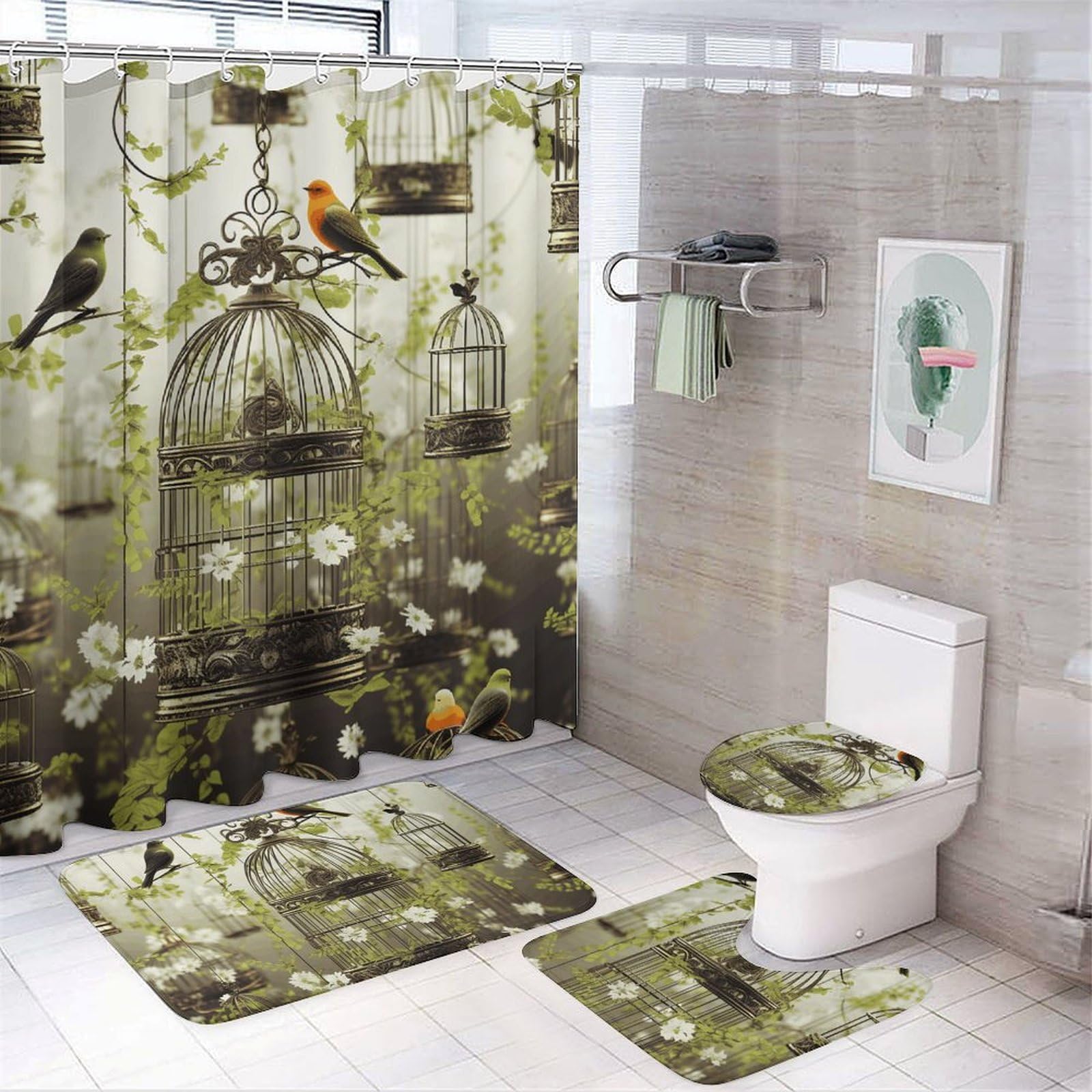Rideau de douche oiseaux et tapis de bain pour ambiance spa nature