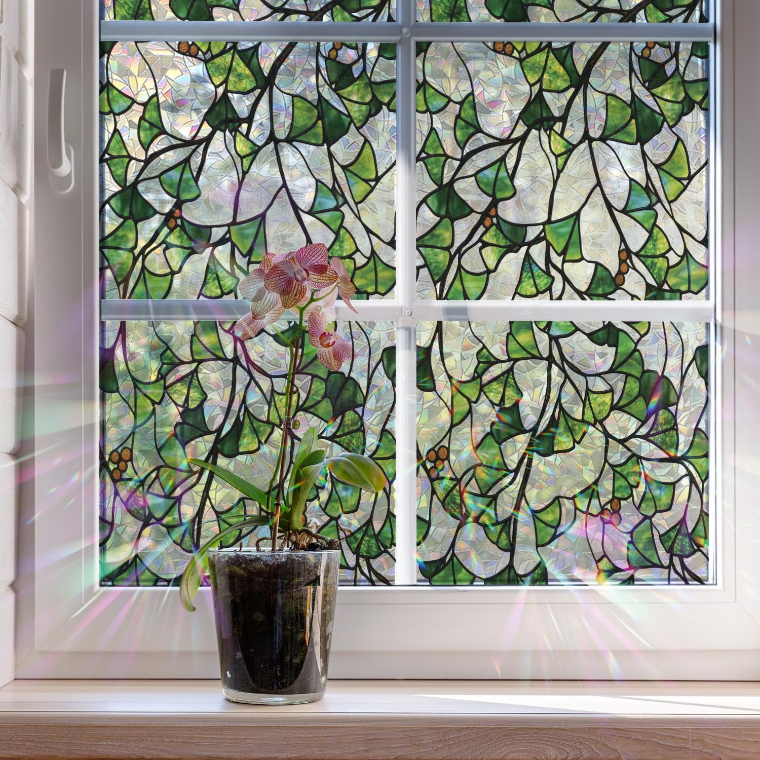 ChicSkin Rainbow Stained Glass Window film Green ginkgo leaf 100x43CM