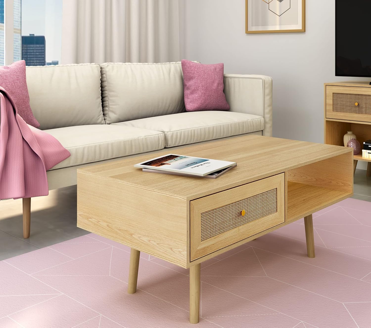 Atlantic Loft & Luv Remy Boho Mid-Century Coffee Table with Natural Rattan with Storage Drawer and Open Shelf, Natural Finish