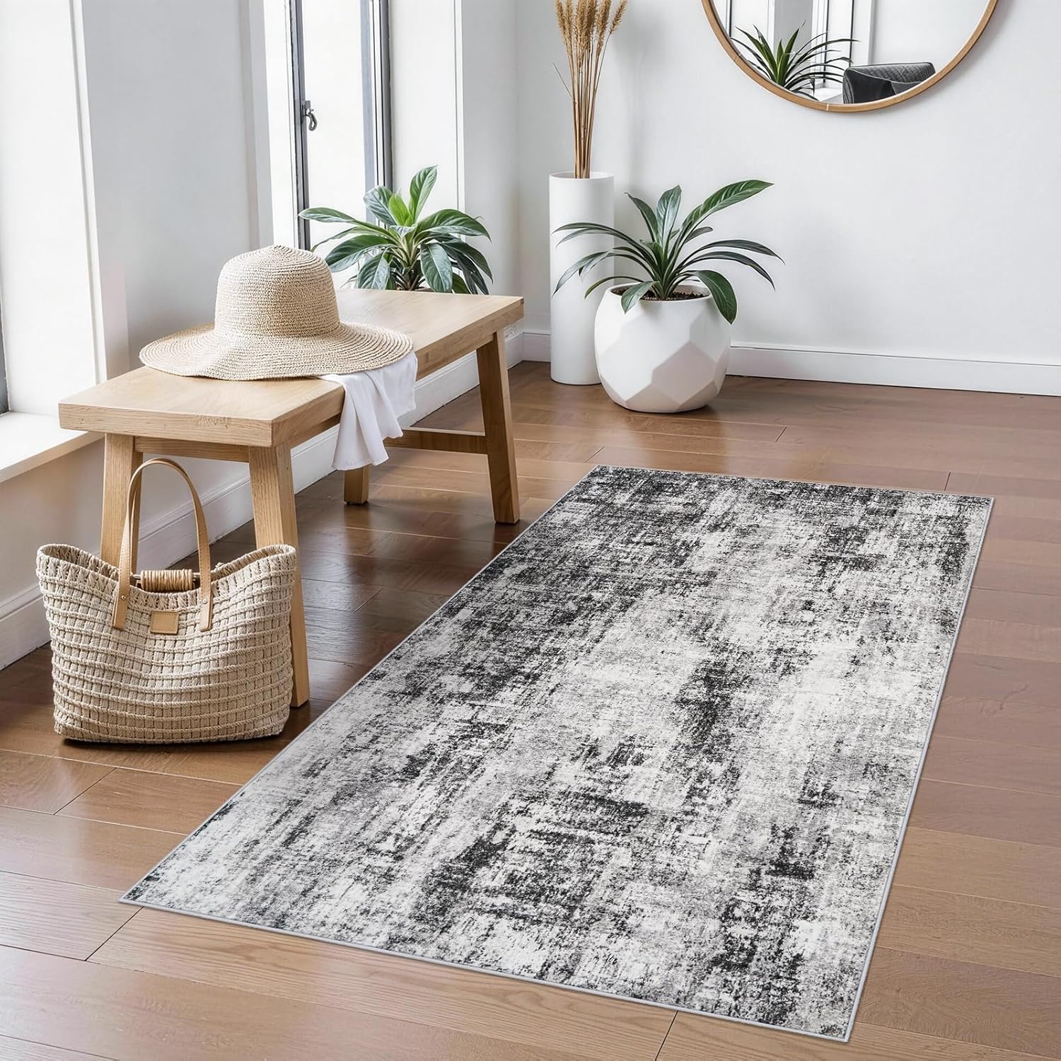 Washable 3x4 Entryway Rug: Modern Abstract Non-Slip Kitchen Rugs Water-Resistant Small Shower Mat for Bathroom Living Room - Thin Soft Easy-Clean Decorative Carpet for Pets Family(Black 3x4)