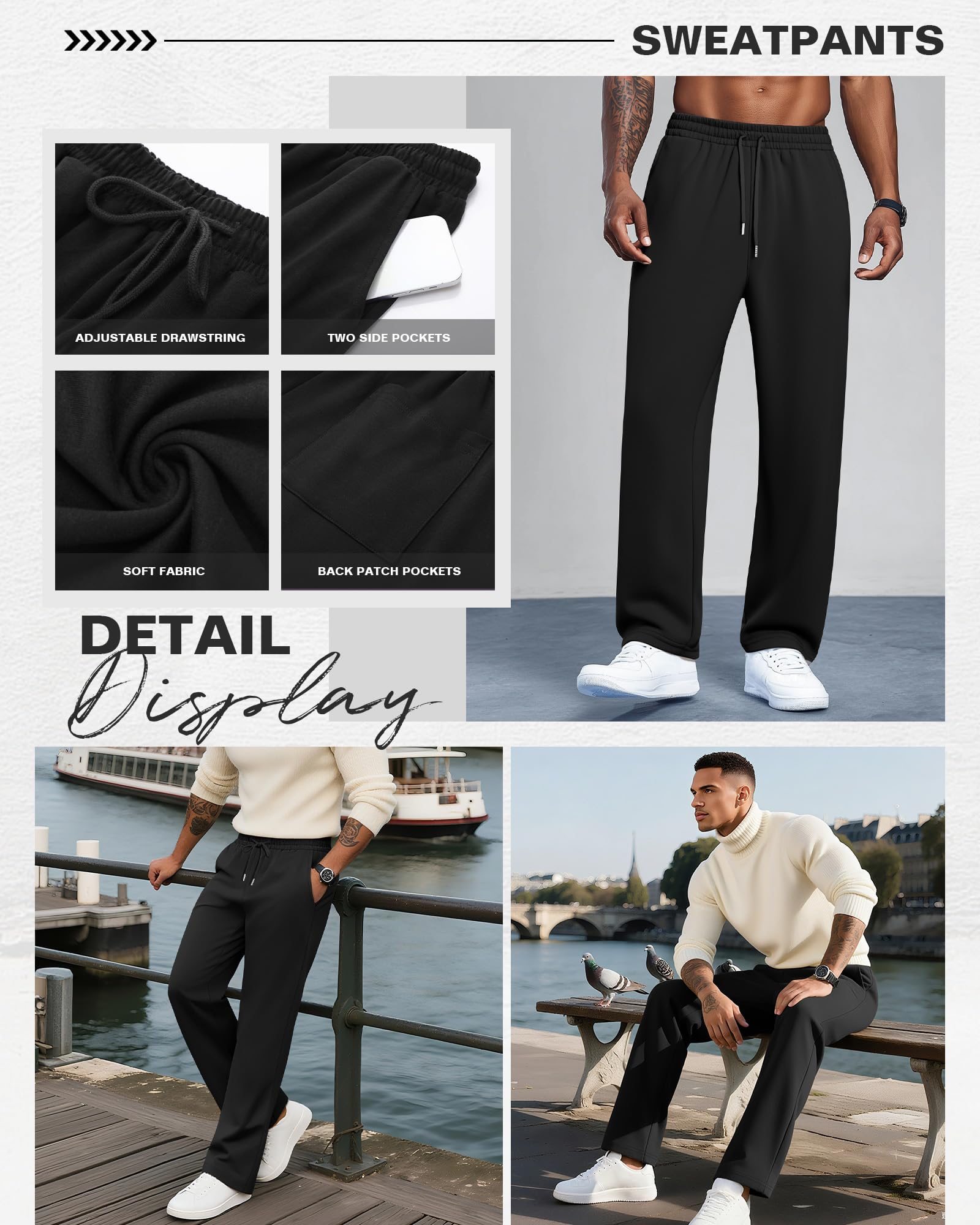 Neer Paquete de 3 Pantalones de chándal Holgados y Ligeros para Hombre, con bajo Abierto, cordón Ajustable y 3 Bolsillos.