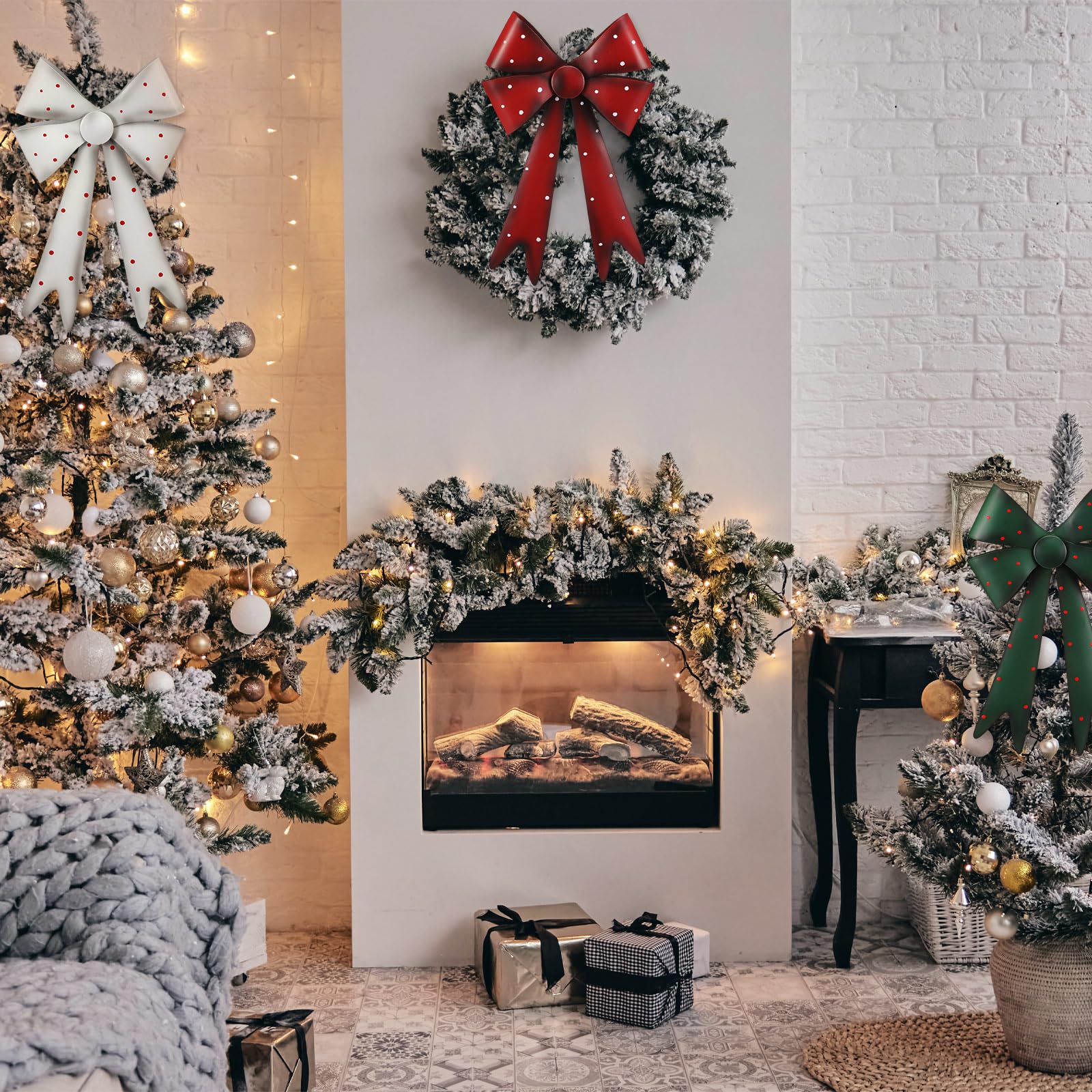 Lot de 3 nœuds de Noël en métal à grands pois - Décoration de sapin de Noël rouge, vert et blanc - Décoration pour guirlande, couronne d'intérieur et d'extérieur