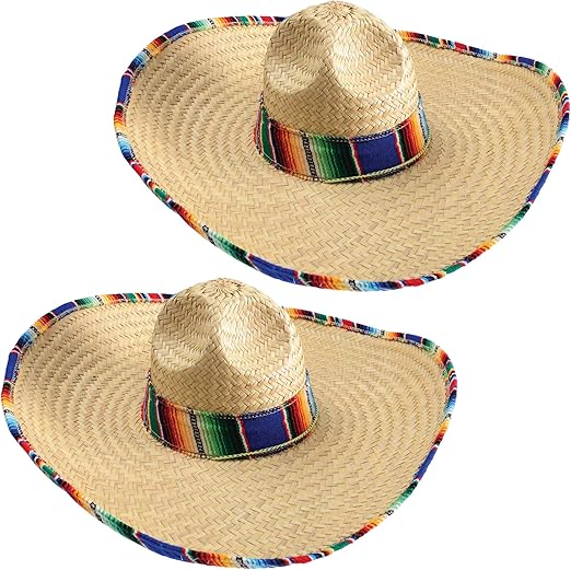 GiftExpress Mexican Sombrero 2 Pack Hat Adults with Serape Trim, 21" Wide Authentic Sombrero for Cinco de Mayo, Straw Sombrero with Serape Band, Adult Mexican Costume