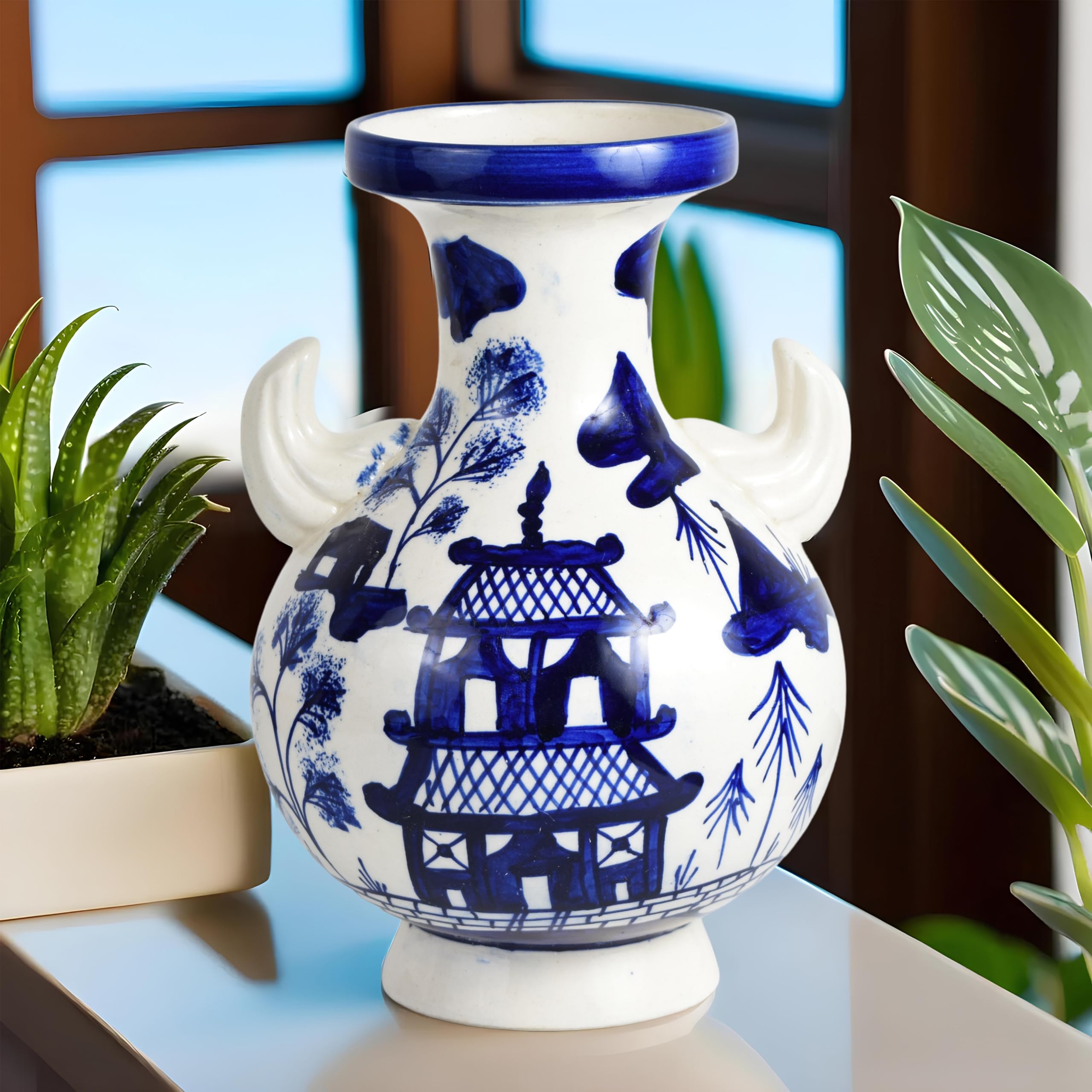 Ceramixs Ghar Ceramic Hand Painted Blue and White Vase Antique/Vintage Handmade Ceramic Flower Vase Decorative Glazed Vases for Home Decor, Table, Living Room (Height: 11 inches)