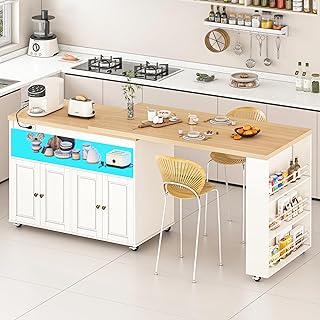 84’’ Rolling Kitchen Island with Swivel Table, Kitchen Cart with LED Lig...