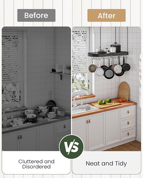 CHOEZON 31.7-Inch Hanging Pot Rack, Space-Saving Pot Hanger for Kitchen, Ceiling Pan Hanging Rack with 16 Detachable S Hooks, Sturdy Metal Frame, Industrial Style, Charcoal Black and Black TPR09BC by CHOEZON - Image 6