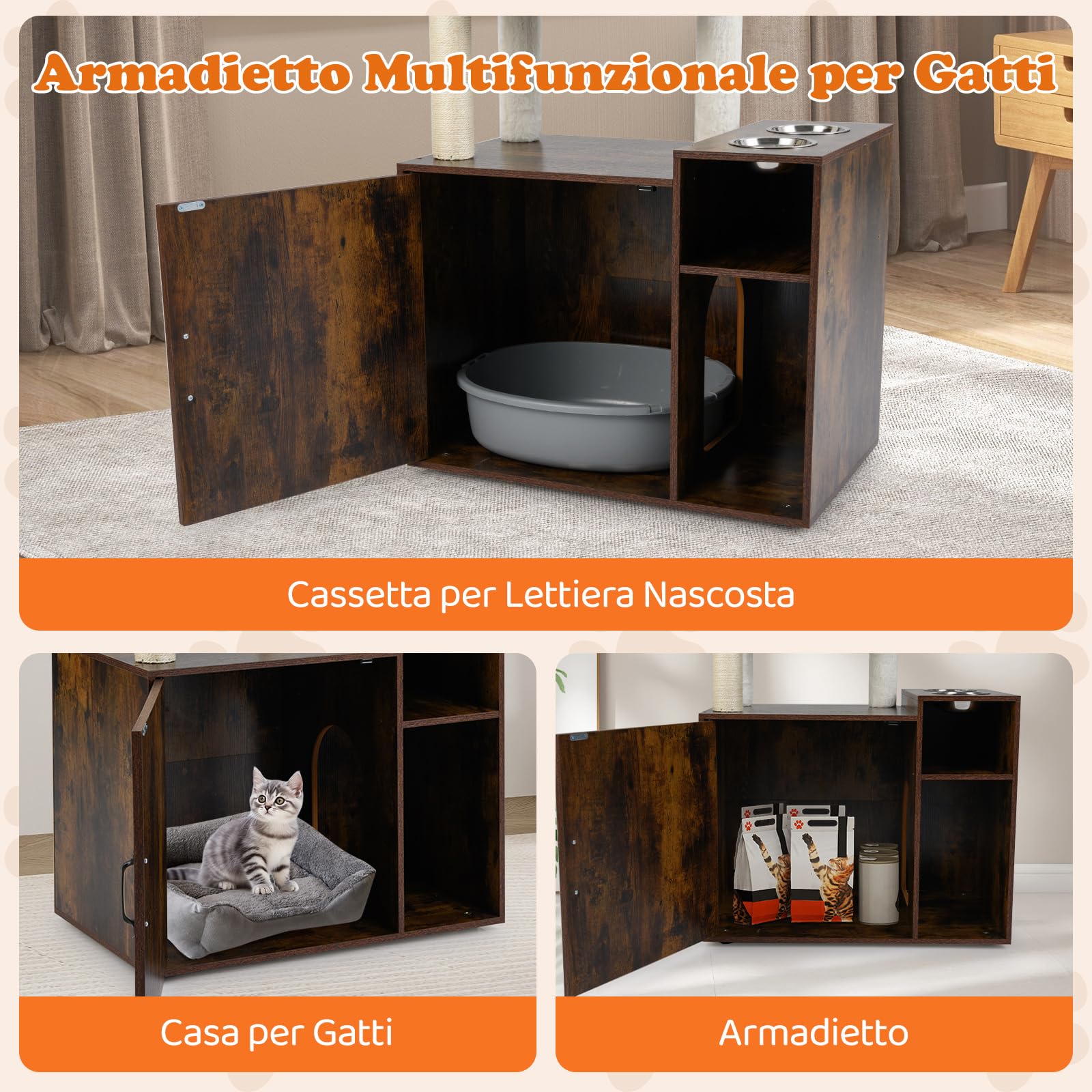 COSTWAY Albero per Gatti con Mobile per Lettiera Alto 155 cm (Marrone) | Tiragraffi per Gatti con Posto Graffio in Sisal e Tappetino, Pallina Pendenti, Toilette Nascosta e 2 Ciotole per Cibo