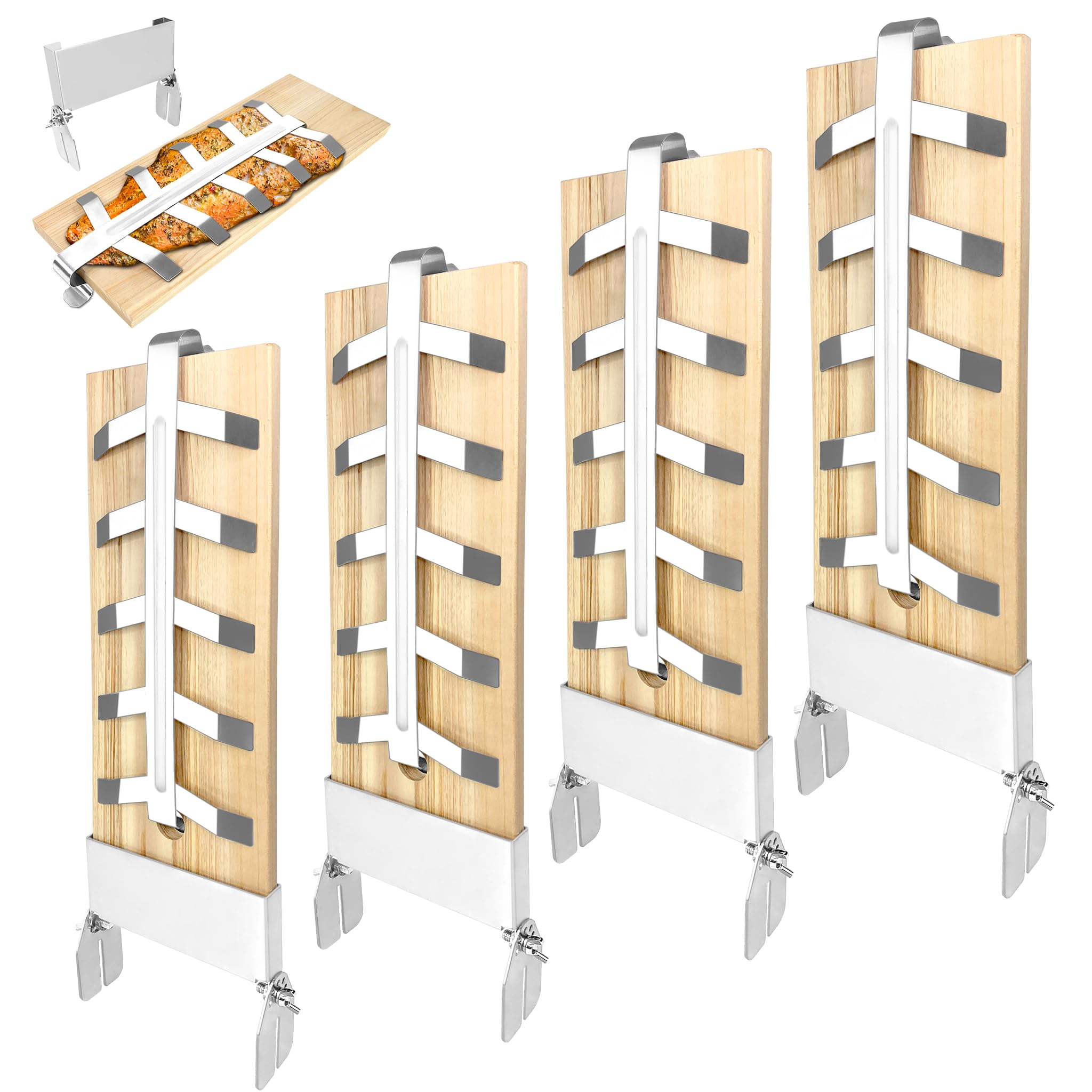Set di 4 taglieri per salmone fiammato con supporto in acciaio inox, tagliere per salmone fiammato | Tagliere per salmone, per braciere, barbecue all'aperto, campeggio, barbecue, tagliere in legno per affumicatura