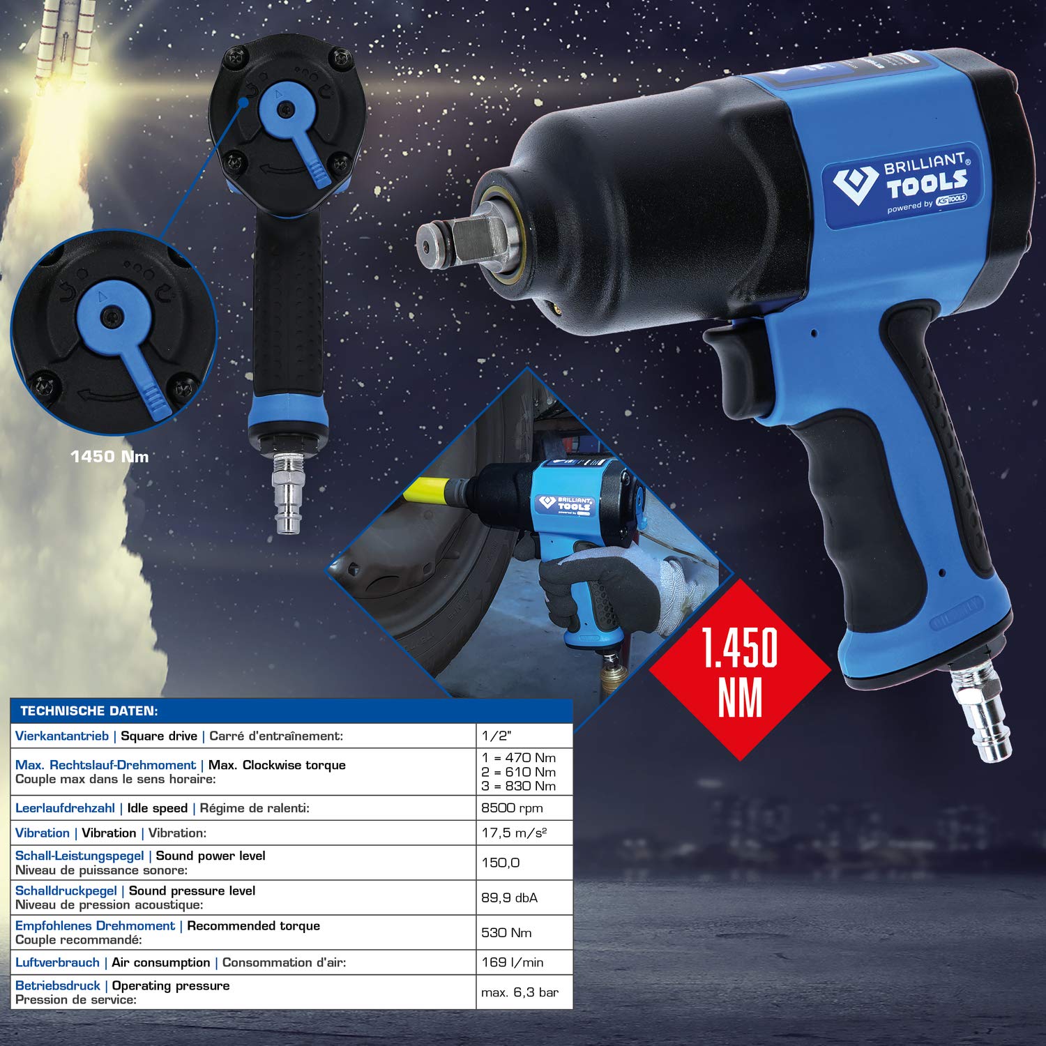 BRILLIANT TOOLS BT160100 Tournevis à percussion à air comprimé 1/2", 1 450 Nm [Powered by KS TOOLS] & BT691005 1/2" Set de douilles à chocs pour jantes aluminium, 17/19 / 21 mm, 3 pcs