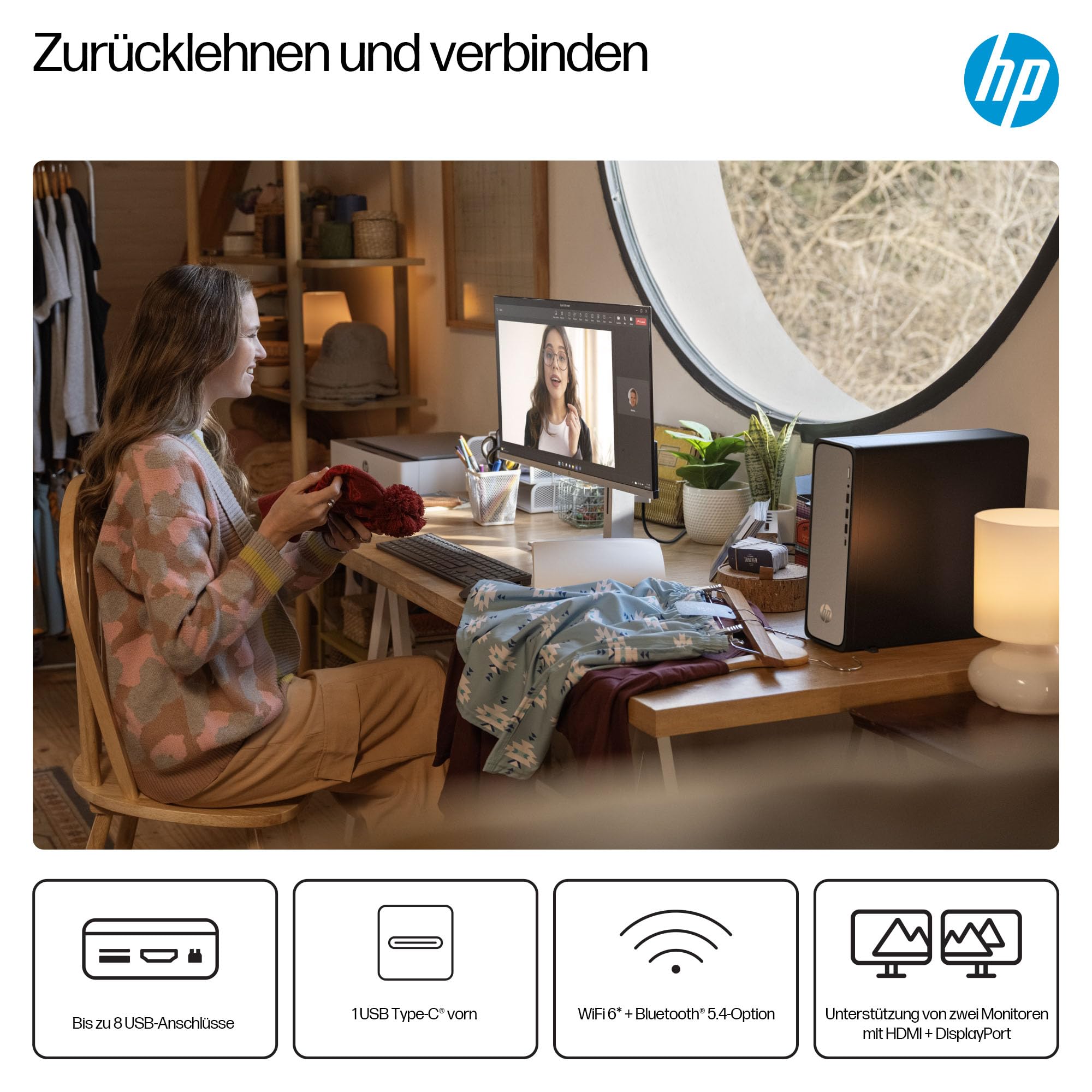 HP OmniDesk Slim Desktop S03-0230ng, Intel 300 Prozessor, 8 GB DDR5 RAM, 512 GB PCIe Gen4 SSD, Intel UHD Graphics 710, Windows 11 Home, Wi-Fi 6, USB Type-C, Meteor Silver/Jack Black