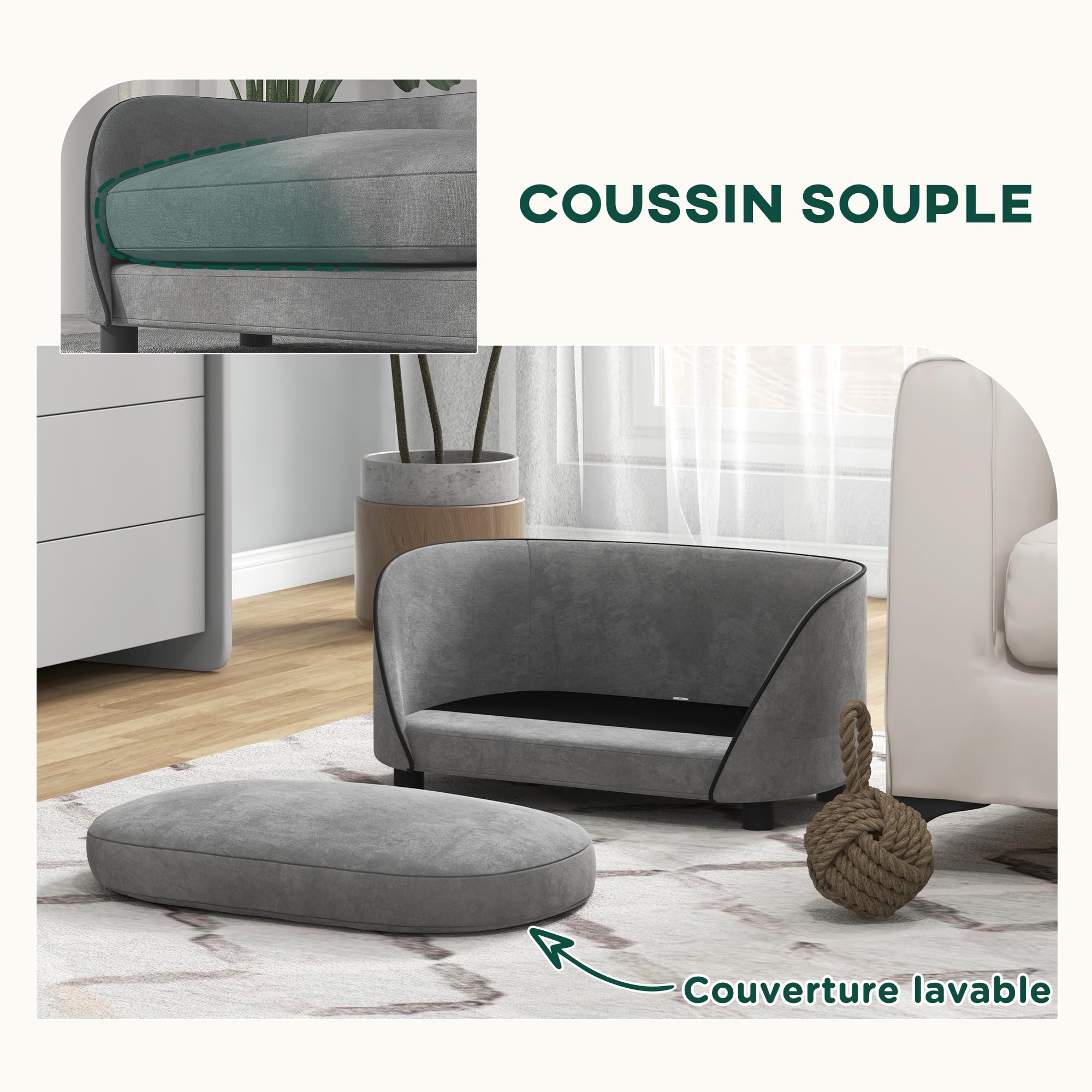 PawHut Canapé pour Chien, canapé pour Chat, Coussin Doux, Housse Amovible et Lavable, revêtement en Velours néerlandais, pour Chiens de Petite à Moyenne Taille, Gris