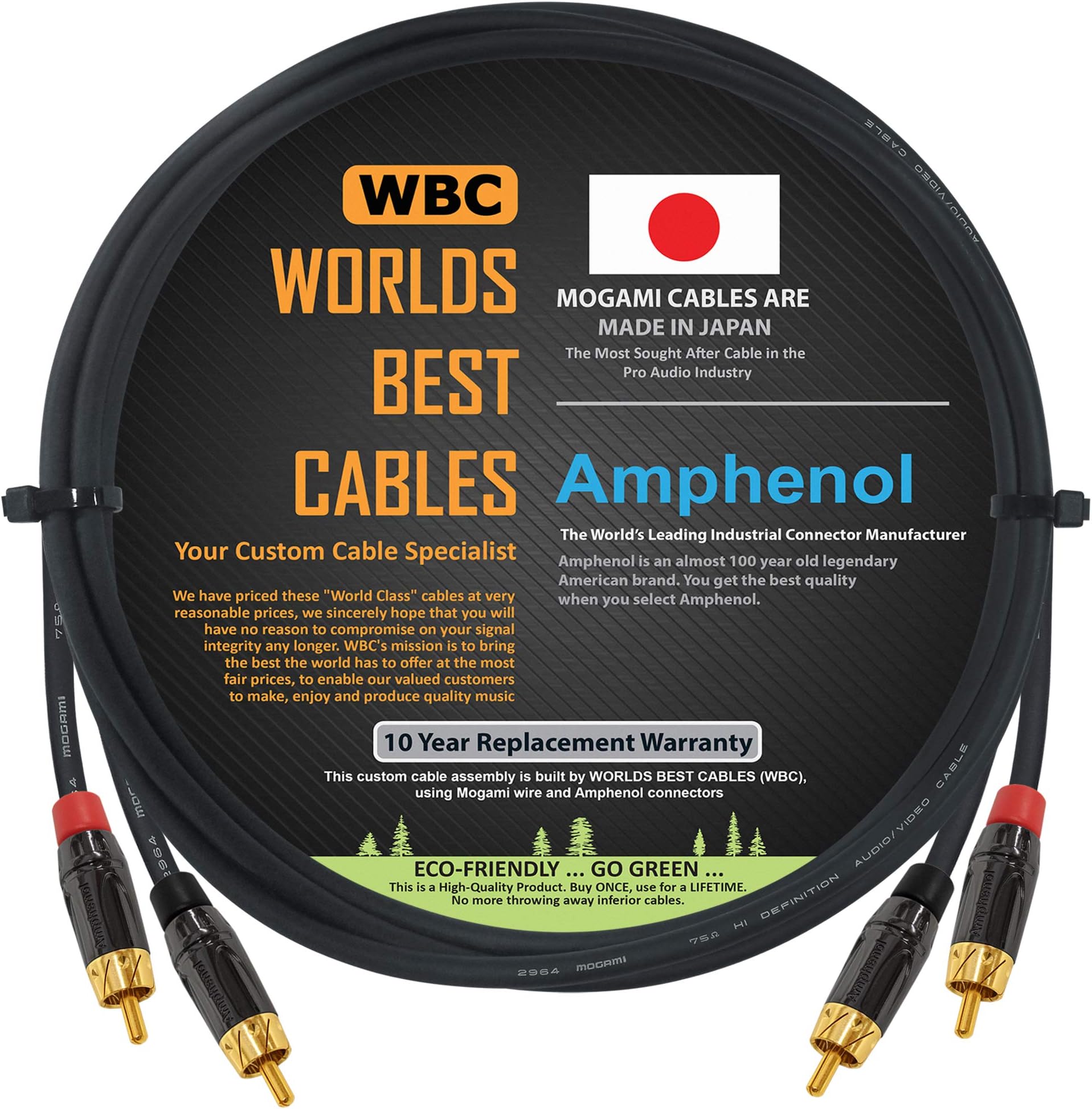 WORLDS BEST CABLES2 Foot โ High-Definition Audio Interconnect Cable Pair Custom Made Using Mogami 2964 Wire and Amphenol ACPL Black Chrome Body, Gold Plated RCA Connectors