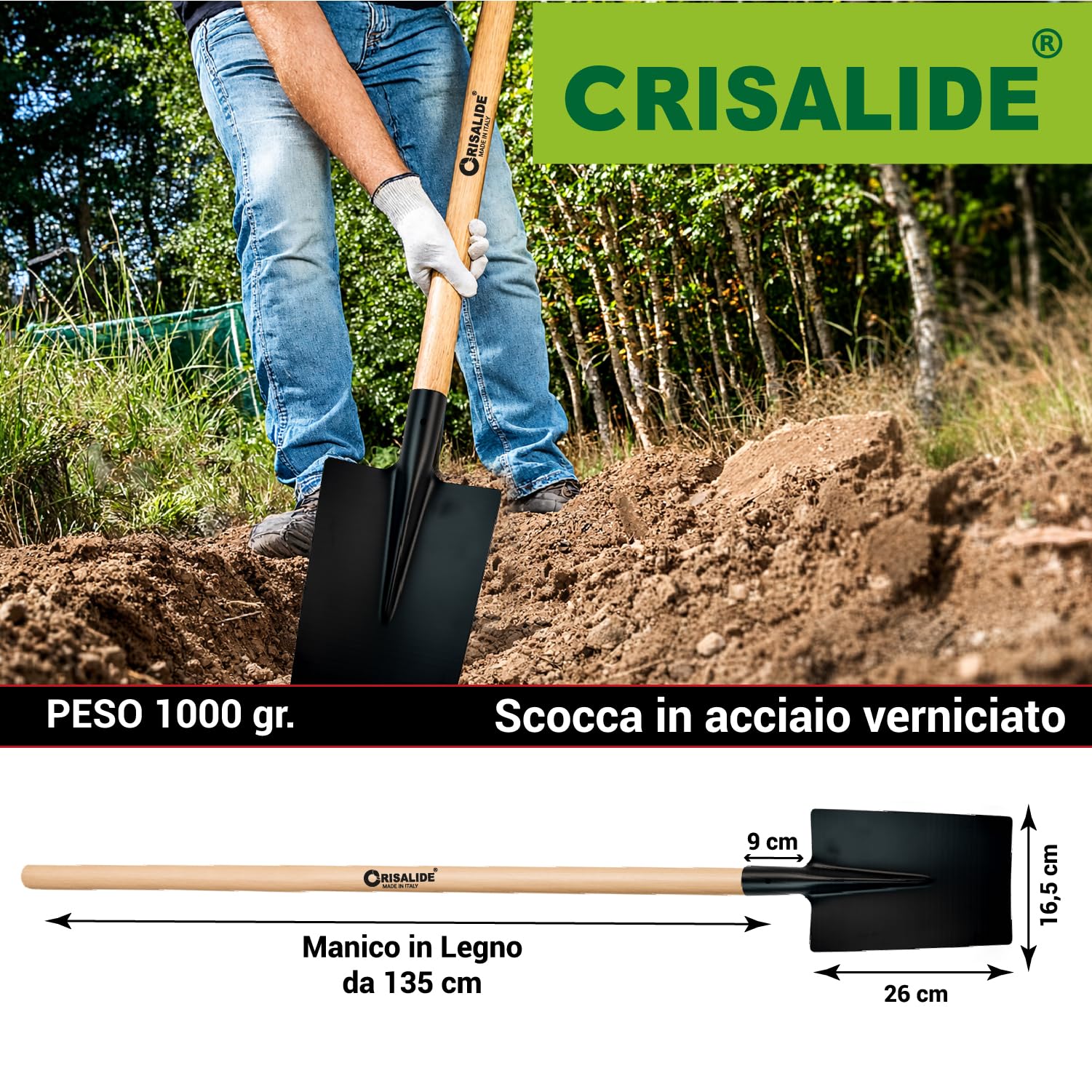 Crisalide® - Vanga Nera da Giardino con Manico in Legno di Faggio 135 cm – Scocca in Acciaio Verniciato Rinforzato, Attacco Conico con Vite Inclusa, Ideale per Terreni Duri, Rocciosi ed Erbosi