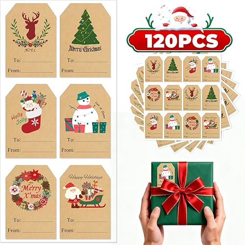Trazzo Kraft Christmas Gift Tags Self-Adhesive Christmas Name Tag Stickers, Christmas Decorations for Gifts, Holiday Santa to from Gift Tag Stickers, Festival Wrapping Label Tags (120 PCS)