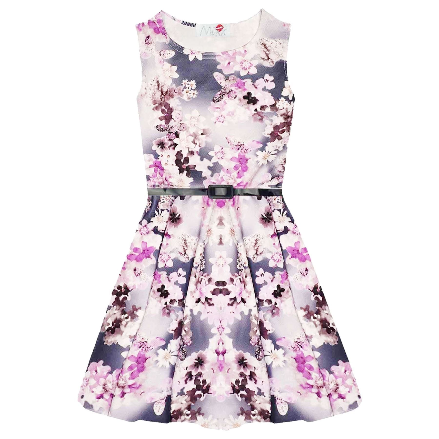 A2z 4 Kids Girls Lilac Skater Dress Floral Belted Summer Party Dance - Skater Dress Floral 11-12