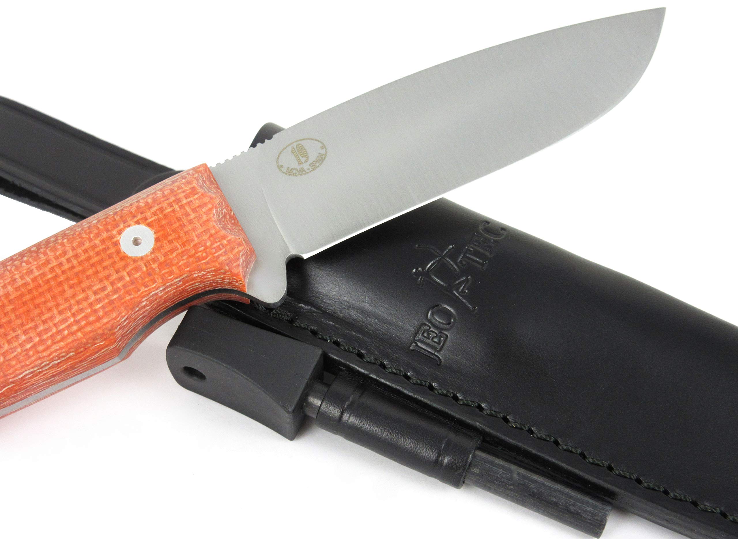 JEO-TEC Nº19 Outdoor Camping Gürtelmesser Jagdmesser Überlebensmesser Survival Bushcraft Messer, Premium Qualität, Stahl MOVA, Lederscheide + Feuerstahl, Handgefertigt in Spanien