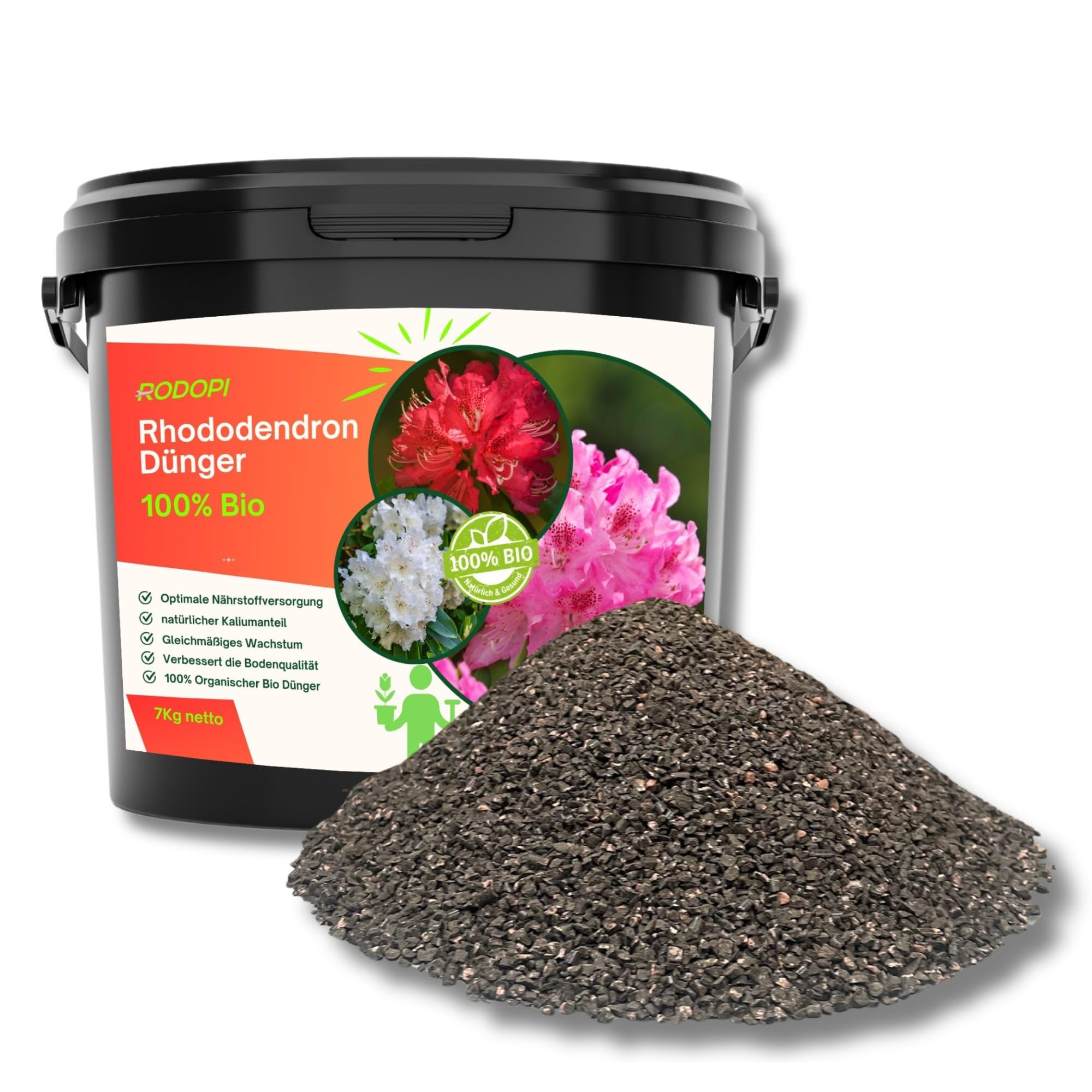Rodopi Bio-Rhododendrondünger Granulat 7-3-8 – 3 Monate Langzeitwirkung – 100% pflanzlich & pH-senkend – Organischer NPK-Dünger mit Eisen, Magnesium & Mykorrhiza 7kg