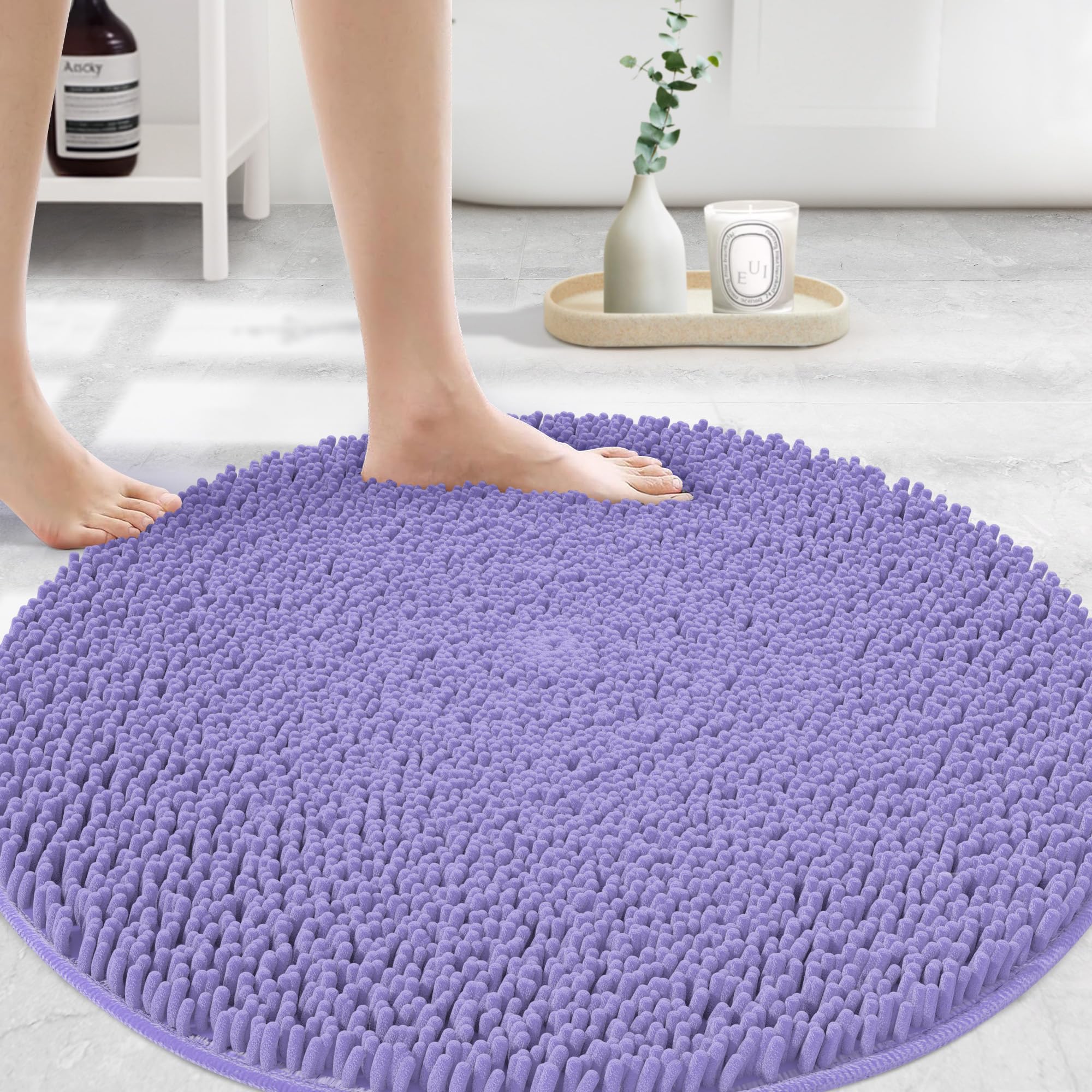 Large Round Area Rug Set for Bathroom 36"x36" Soft Plush Chenille Bath Mat, Water Absorbent Non-Slip Bathroom Rug | Washable Shag Carpet for Shower, Bedroom, or Home Décor | 36"x36" Round | Lavender