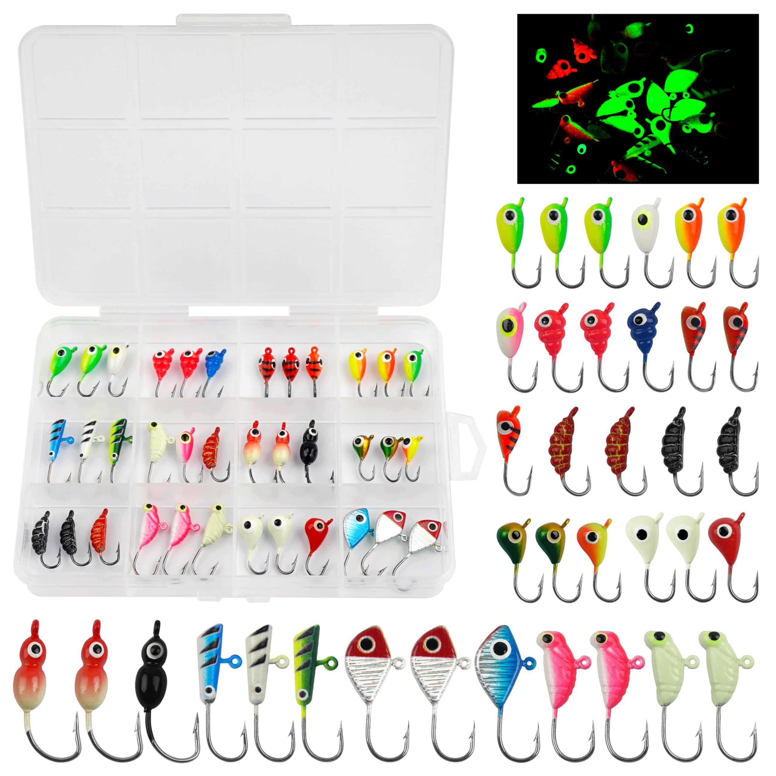 24/36PCS Ice Fishing Jigs Set Ice Fishing Lures Glow in The Dark Fish Lures Micro Jig Head Hooks with Tackle Box