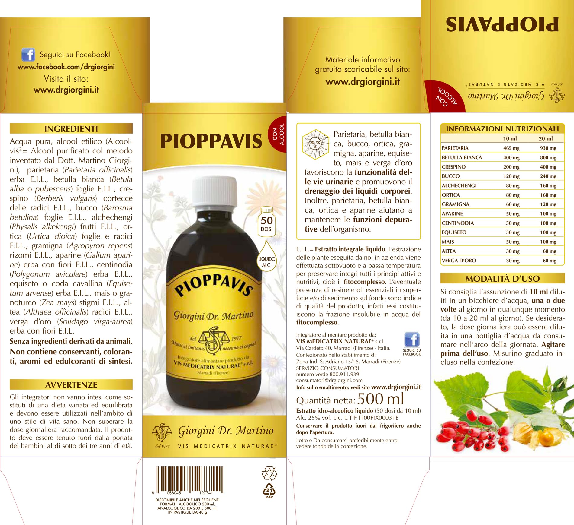 Dr. Giorgini PIOPPAVIS Liquido alcoolico - 500 ml (integratore di betulla bianca, bucco, ortica, gramigna e altre erbe per il drenaggio dei liquidi corporei)