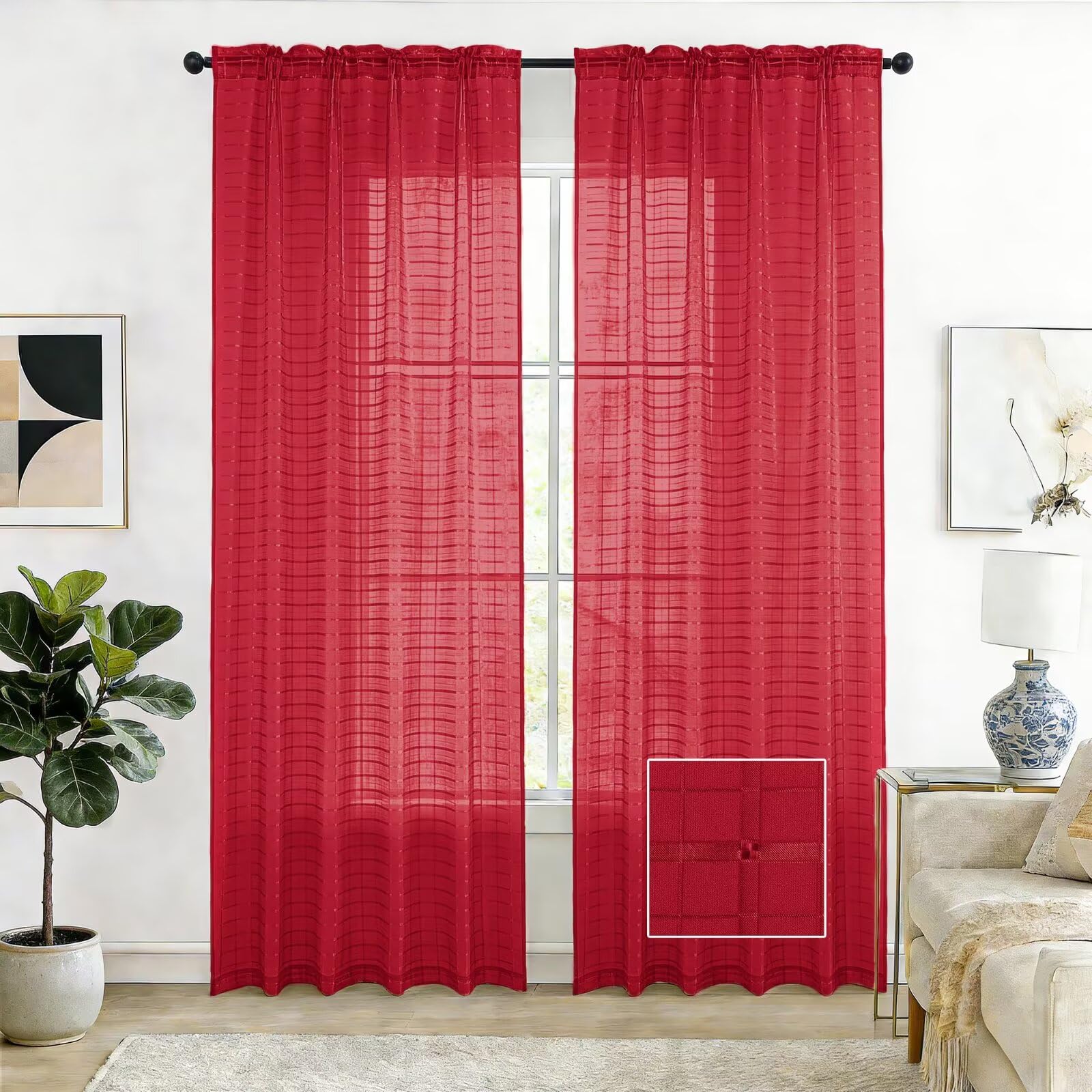 SpaceDresser Check Sheer Curtains 108 Inches Long for Living Room, Rod Pocket Plaid Semi Sheer Drapes for Kitchen Bedroom(Red, 52W x 108L) — image 1