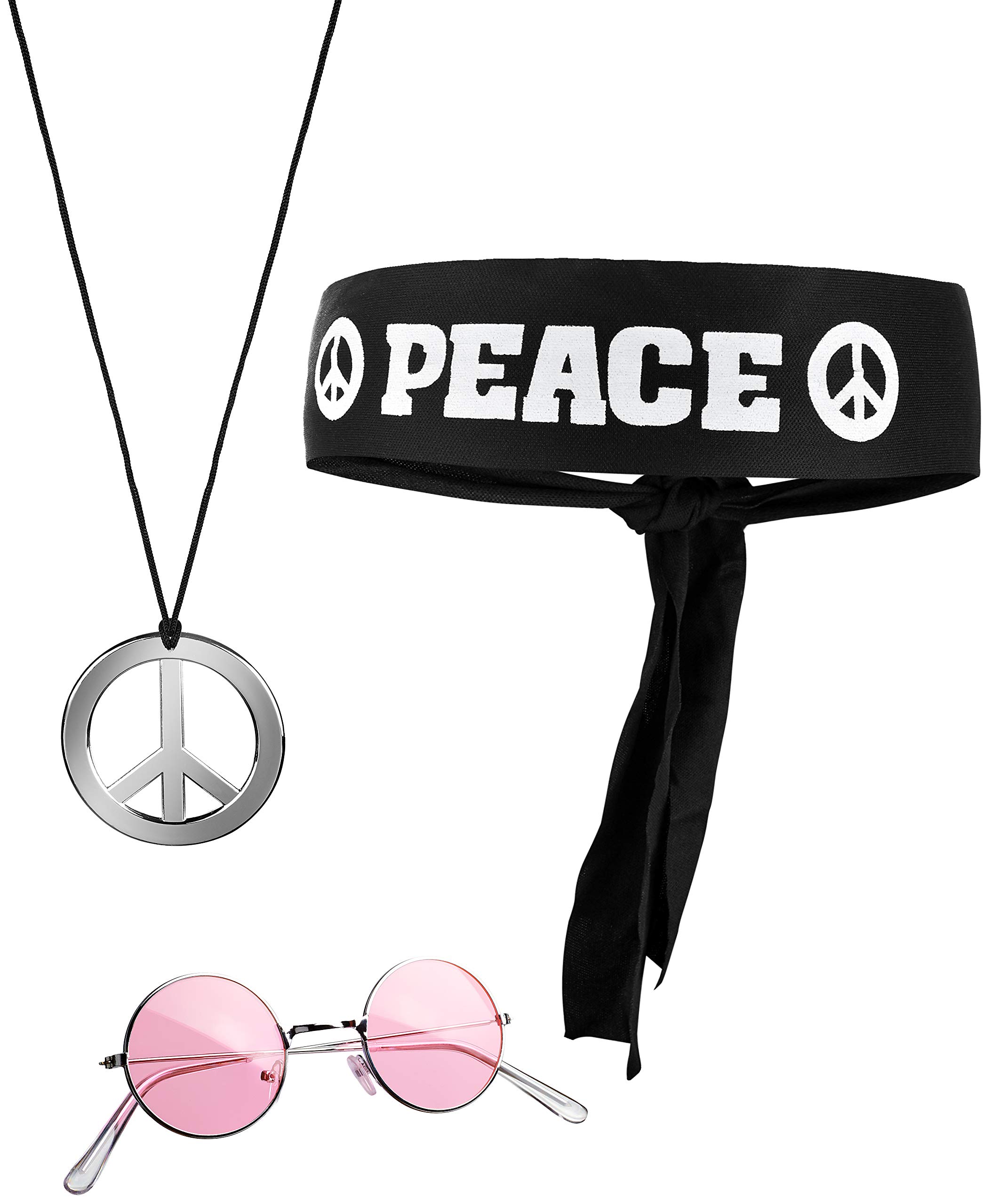 Balinco 3-piece Hippie Set with Headband Peace Sign Necklace and Round Nickel Sunglasses