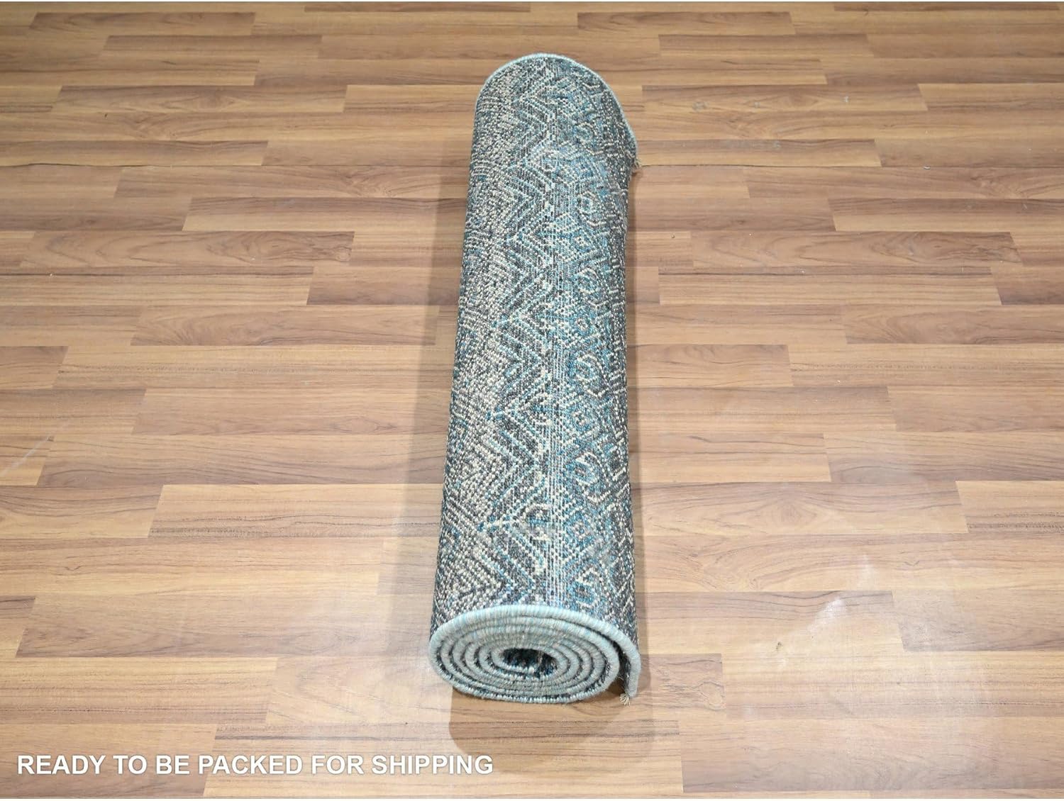 Teal Blue Pure Wool Runner Rug, Hand Knotted Geometric Diamond Design, Tone on Tone Kohinoor Herat Pattern, 2'7"x7'7
