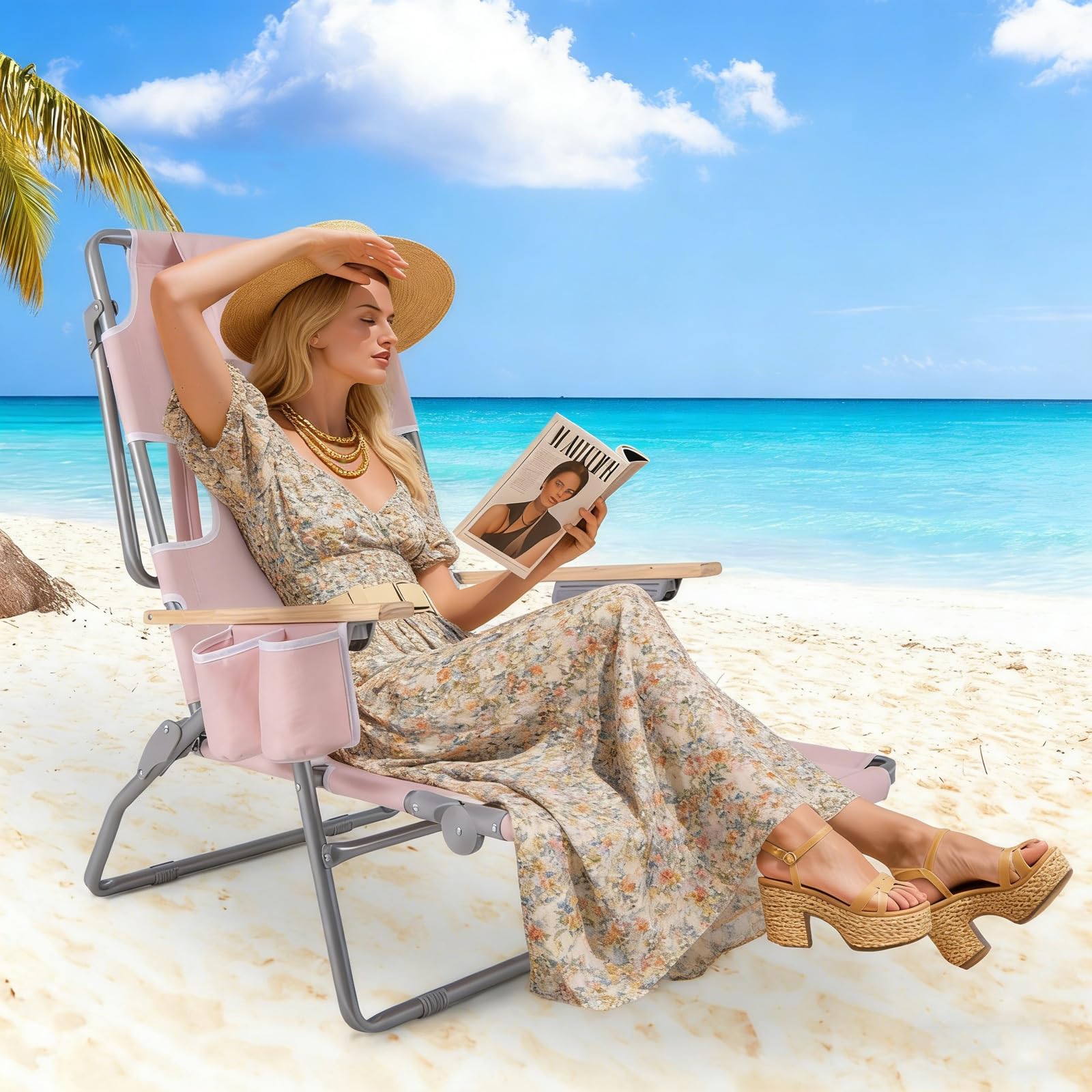 KOMFOTTEU Silla de Playa Reclinable con Agujero para Cara, Tumbona Plegable con Respaldo Ajustable de 4 Posiciones y Reposapiés de 2 Posiciones, Tumbona Jardín Exterior Baño de Sol (Rosa)