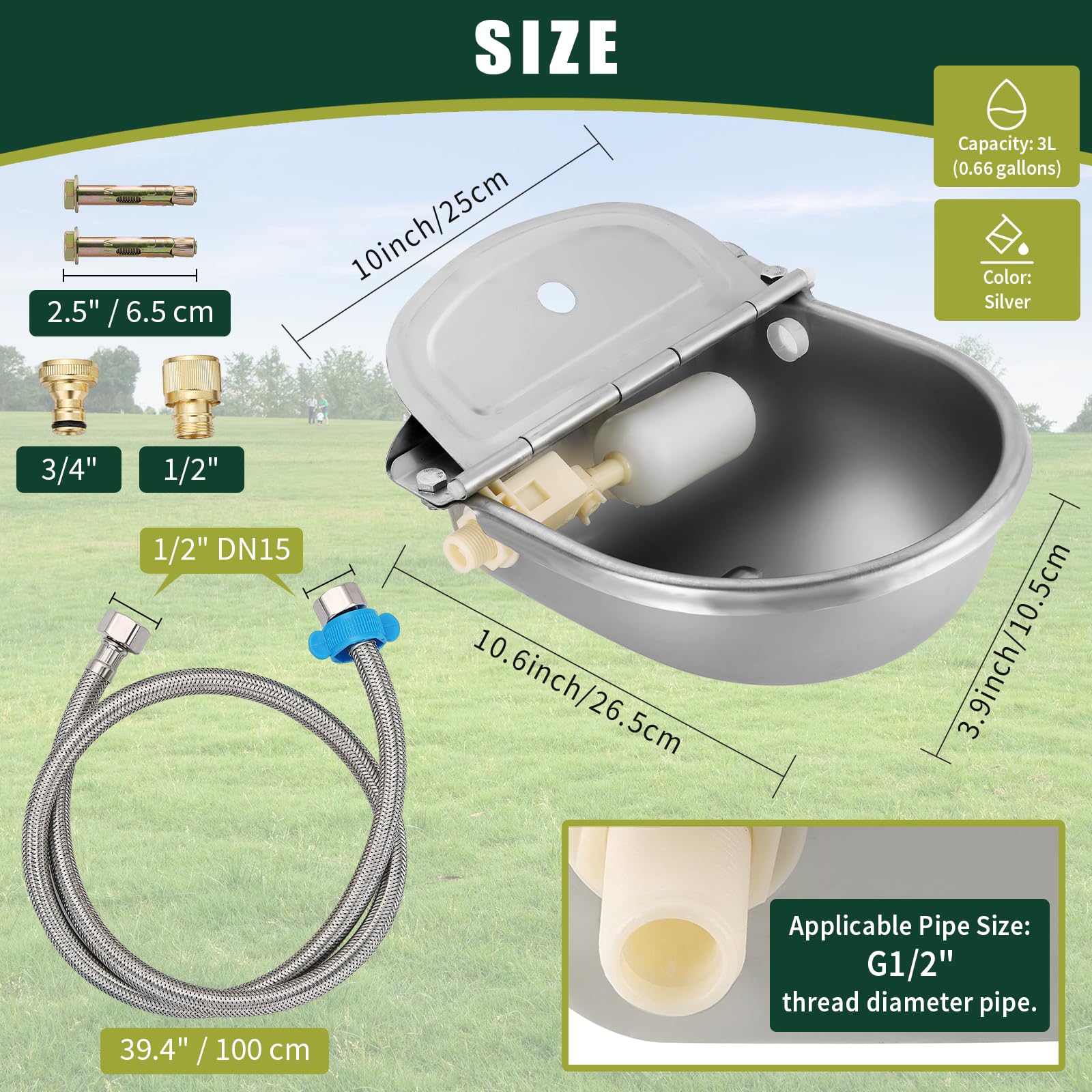 Cuenco automático de agua potable para animales, de acero inoxidable 304 con válvulas flotantes, manguera de tubo de 39 pulgadas, adaptador de 1/2 a 3/4 pulgadas, canal de agua para perro