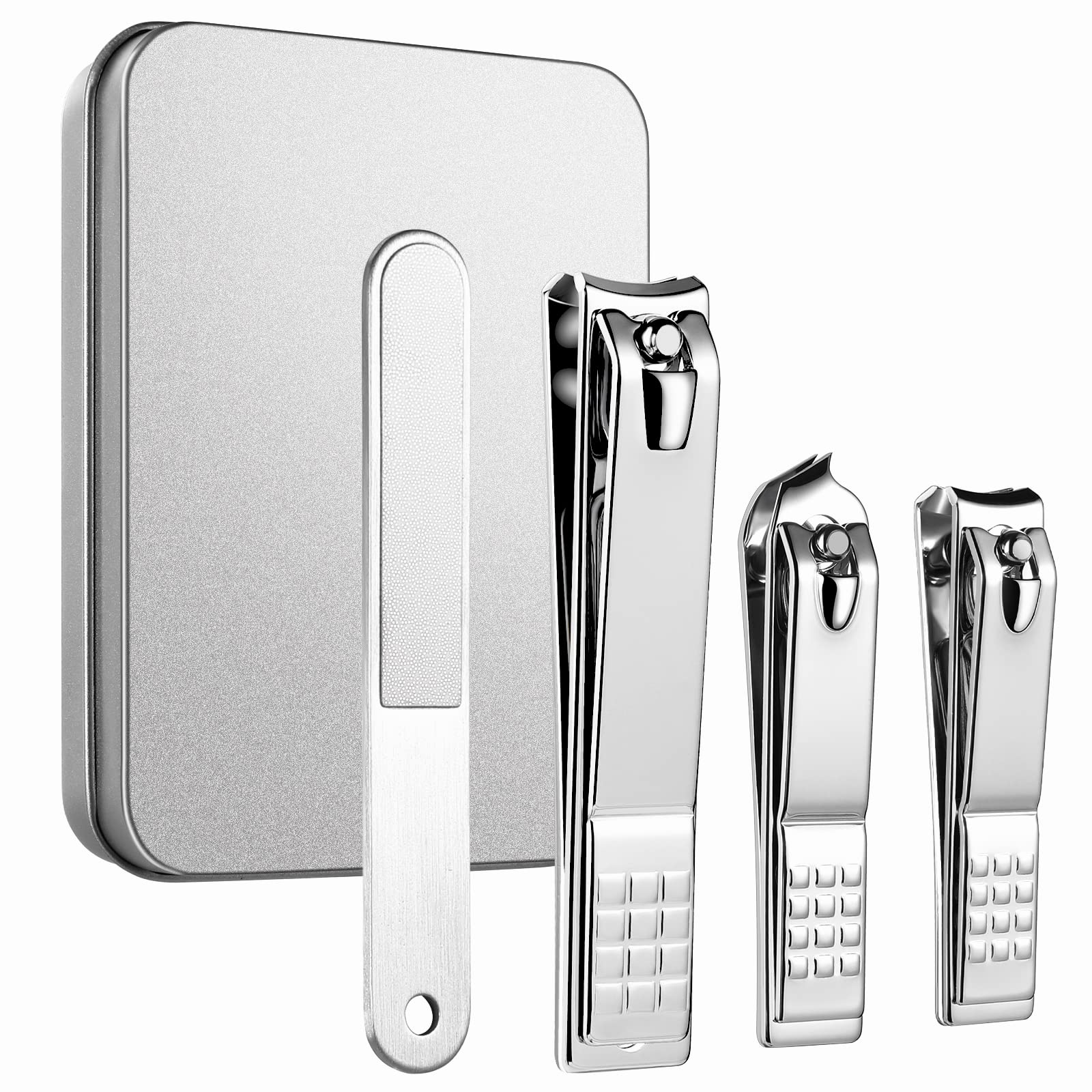 4PCS Professional Nail Clippers Set, Toenail Clippers & Fingernails & Nail File, Silver Nail Cutter, Sharpest Thick Toenail & Ingrown Nail Clipper Set, Best Travel or Home use for Men and Women