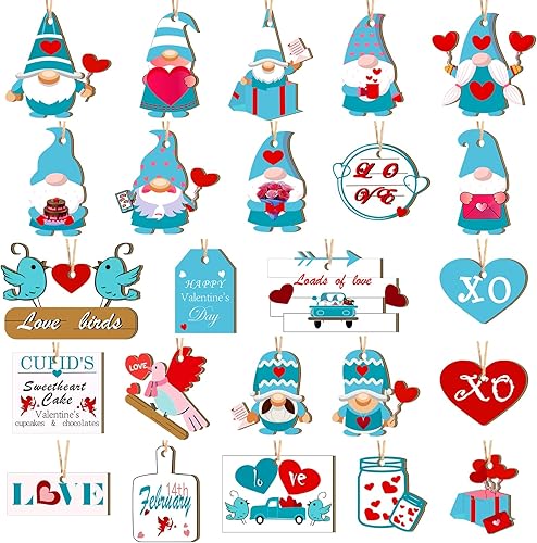 24 adornos colgantes de gnomo de madera turquesa para el día de San Valentín, turquesa, corazón de San Valentín, gnomo, bandeja escalonada para