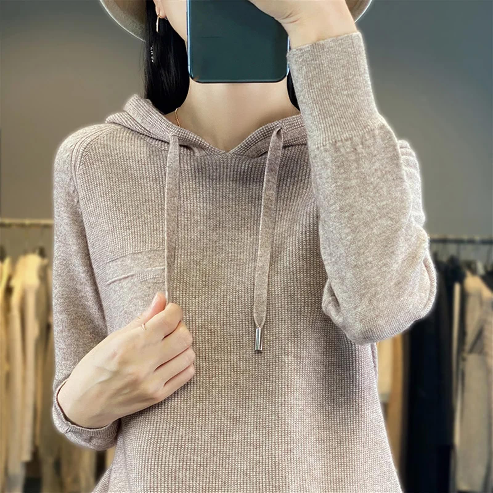 Felpa con cappuccio da donna con cappuccio in maglia maglione invernale da donna con cappuccio in cashmere arancione, Arancione, L