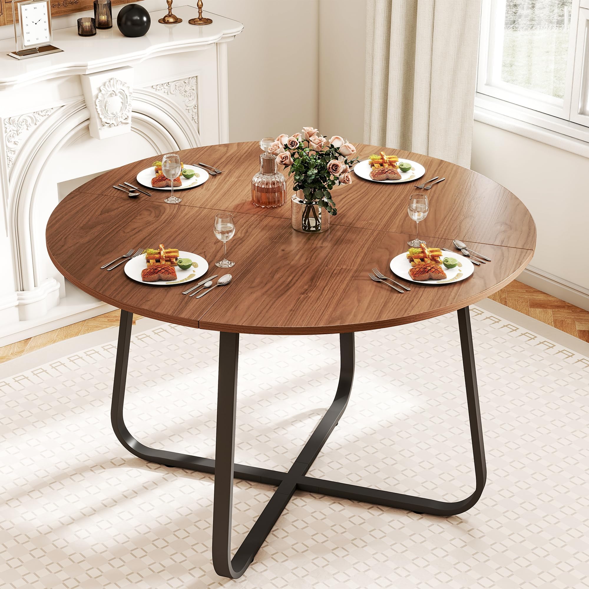– Round Dining Table 120 cm, Kitchen Table with Wood‑Grain Top & Sturdy Metal Frame, Seats 4‑6 People, Easy Assembly Circular Table for Dining Room, Kitchen, Living Room
