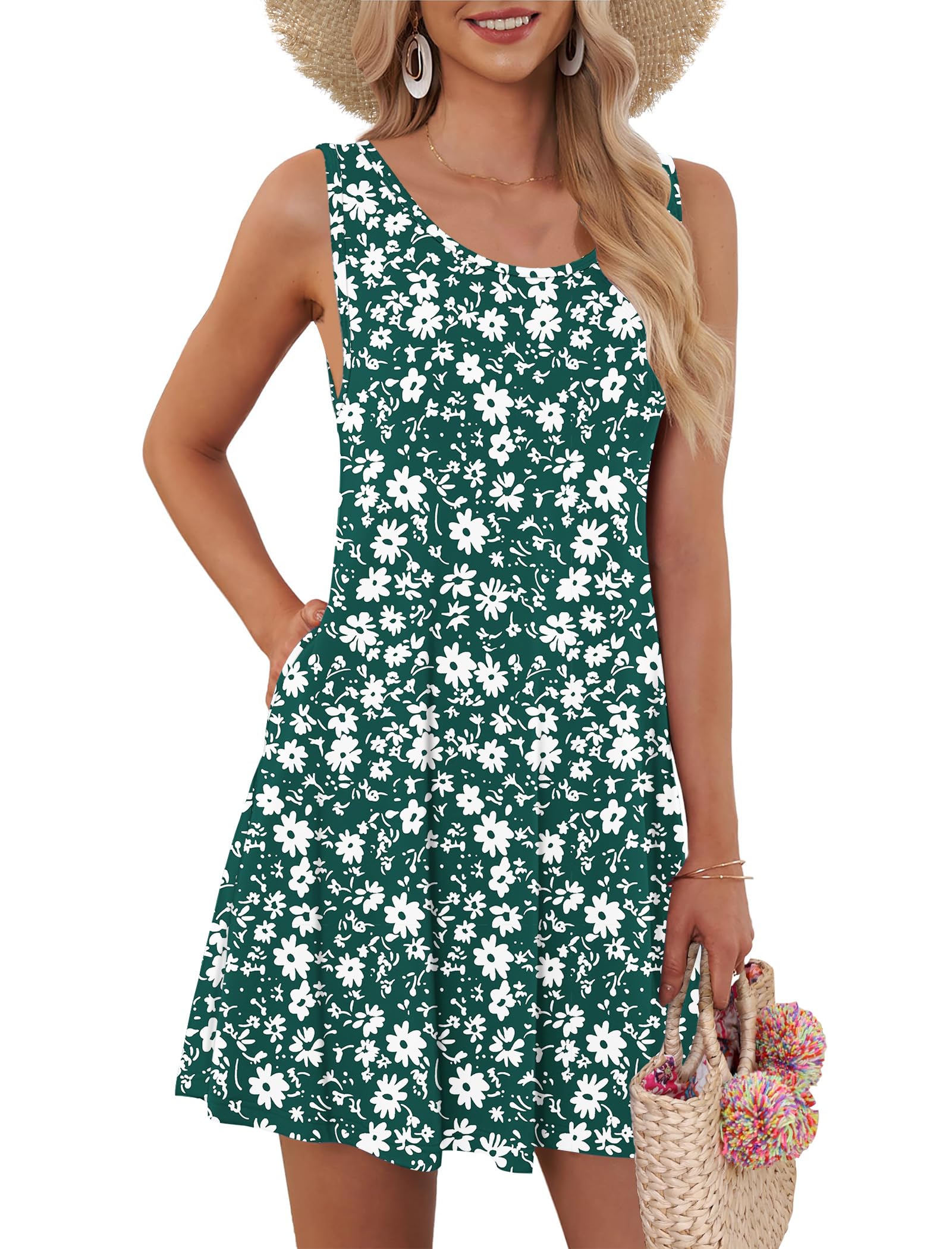AUSELILY Beach Dresses for Women UK Mini Sleeveless Summer Dress with Pocket Green Flowers 2XL