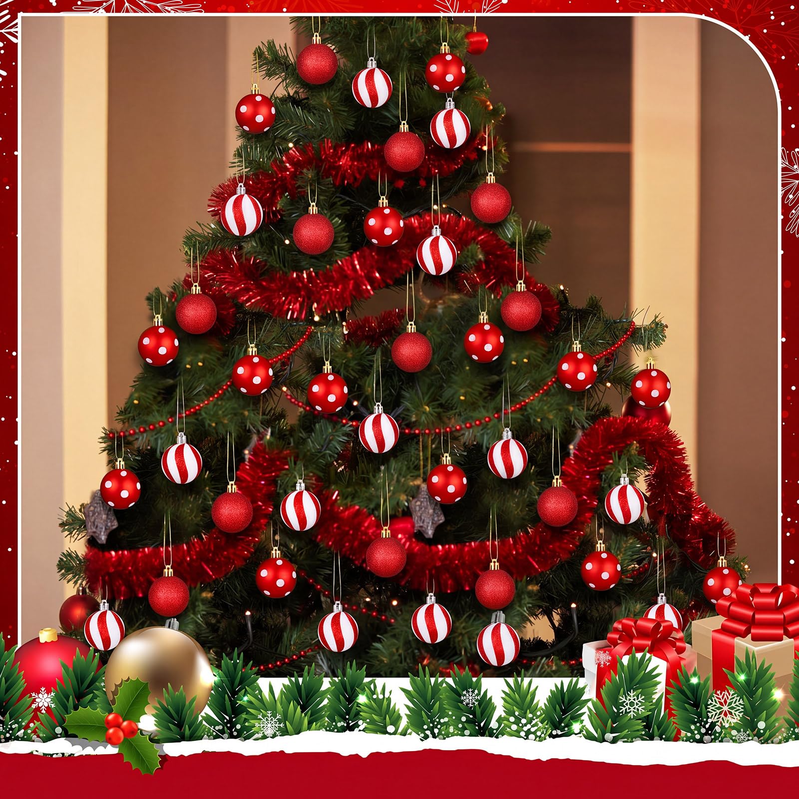 Lenwen 54 Stück Weihnachtskugeln Ornamente Mini rot und weiß Weihnachtsbaum Ornamente Xmas gestreifte Punkte bruchsicher Kunststoff hängende Ornamente für Baum, Urlaub, Party, Weihnachtsdekoration, 3