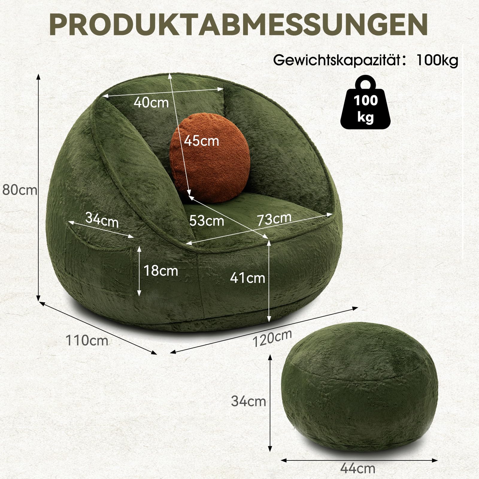 HOMMPA XXL Sitzsack mit Hocker und Füllung für Erwachsene,Grün