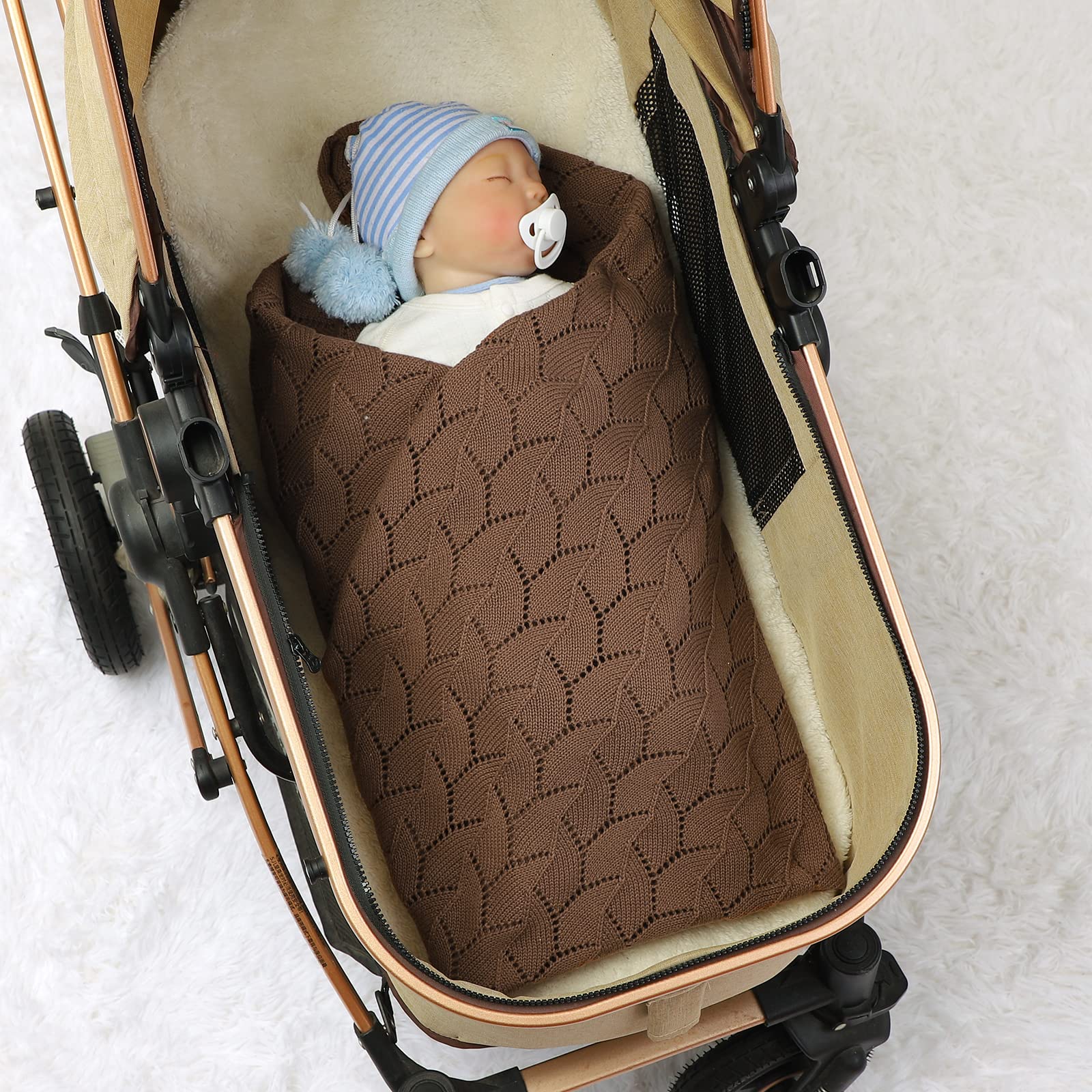 LAWKUL Cellular Blanket Baby 100% Cotton Knitted Soft Knit Crochet Blankets for Newborn Boy Girls Toddler 100x80cm Brown - Image 3