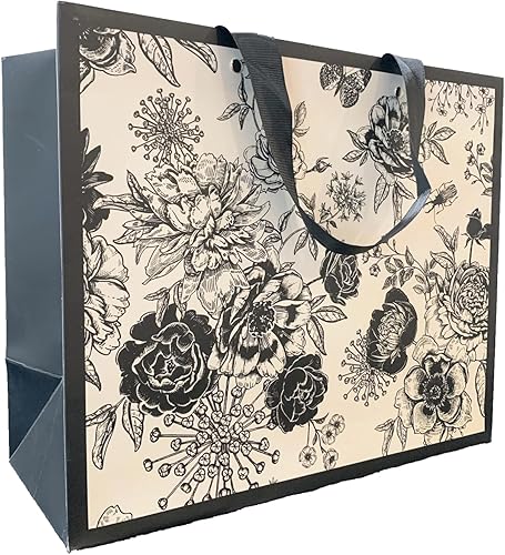 Bolsa de regalo floral vintage en blanco y negro de 13 pulgadas, tamaño mediano grande