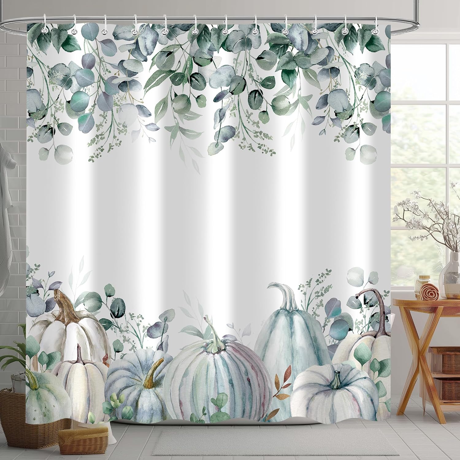 Fall Pumpkin Shower Curtain, Autumn Watercolor Blue Maple Leaves Harvest Thanksgiving Decor Bath Curtain Set, Waterproof Fabric Polyester Bathroom Accessories with 12 Hooks 72x72 Inch image 3