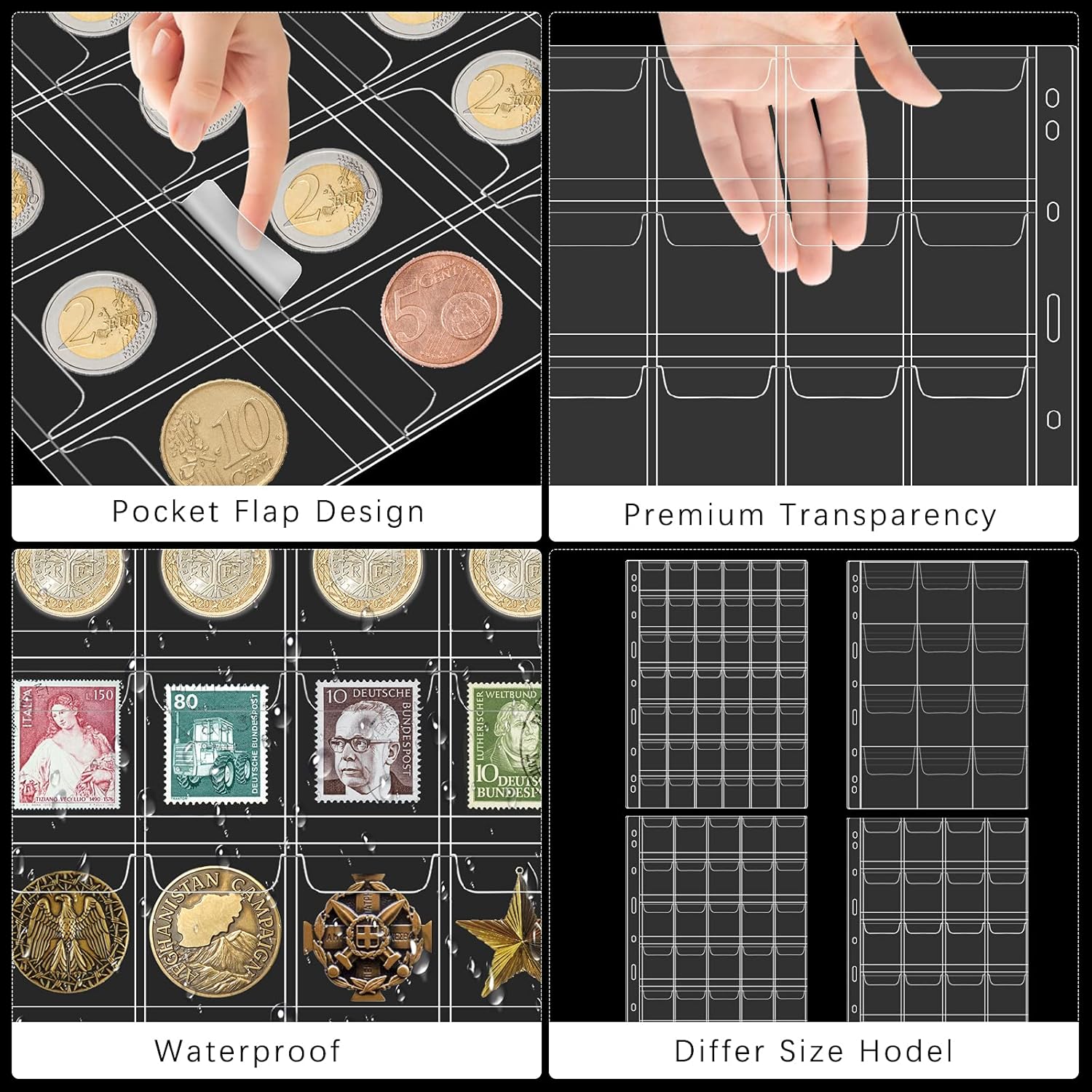 Homgaty 10 Sheets Coin Collection Supplies, Coin Pocket Page Coin Holders Stamp Binder Sheets Currency Collecting Album Book Sleeves (12 Pocket) : Office Products
